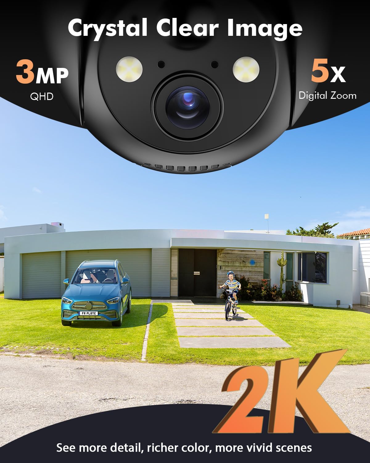 YuCamPro Solar Security Cameras Wireless Outdoor, 360° Panoramic View for Home Security, Rechargeable Batteries, 2K Color Night Vision, PIR Human