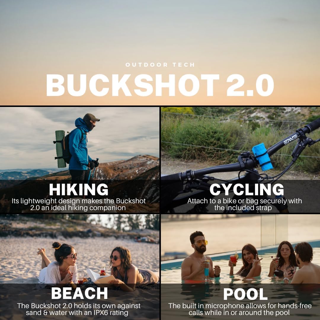 Outdoor Tech Buckshot 2.0 Bluetooth Speaker, Black - Portable Wireless Speaker, Rugged Waterproof IPX6 - Perfect for Biking, Boats, Camping, Hiking