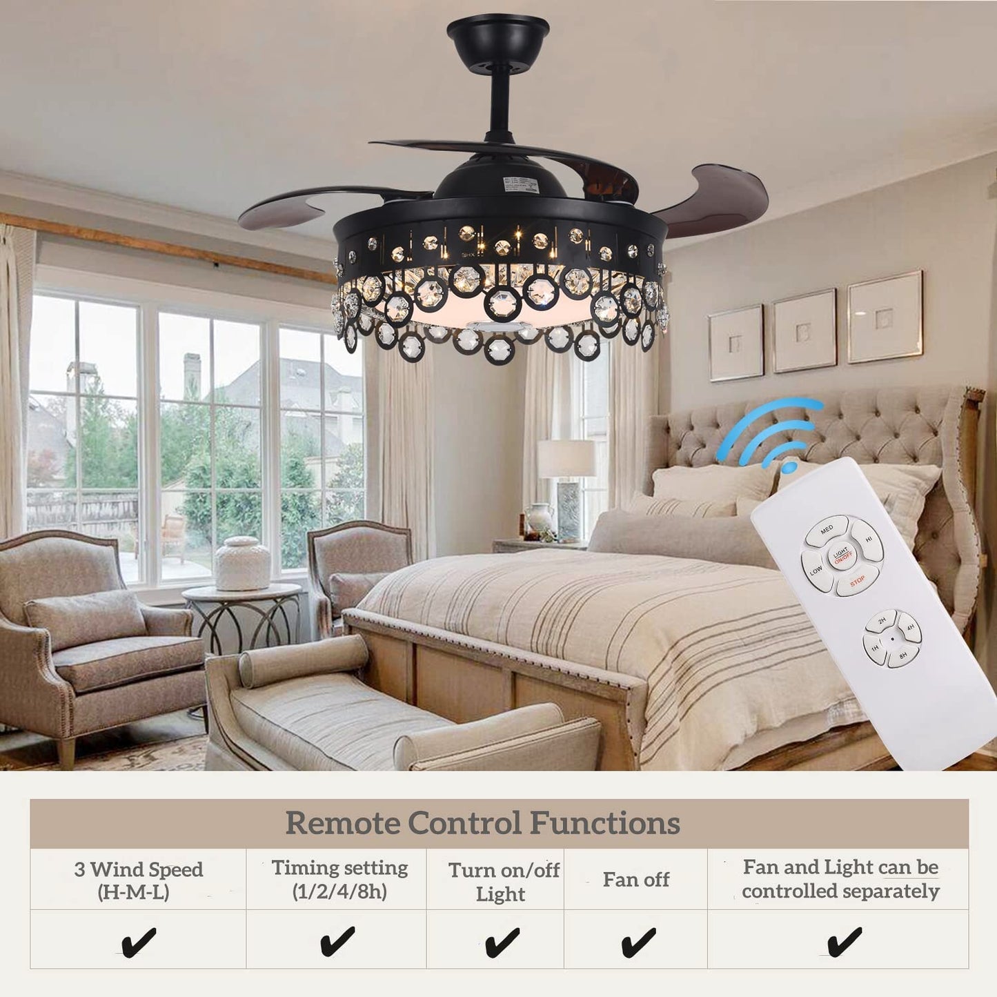 FANEPRO 42" Retractable Ceiling Fan with Lights Remote Control, Black Crystal Fandelier Smart 7 Color Dimmable LED Chandelier with Bluetooth Speaker
