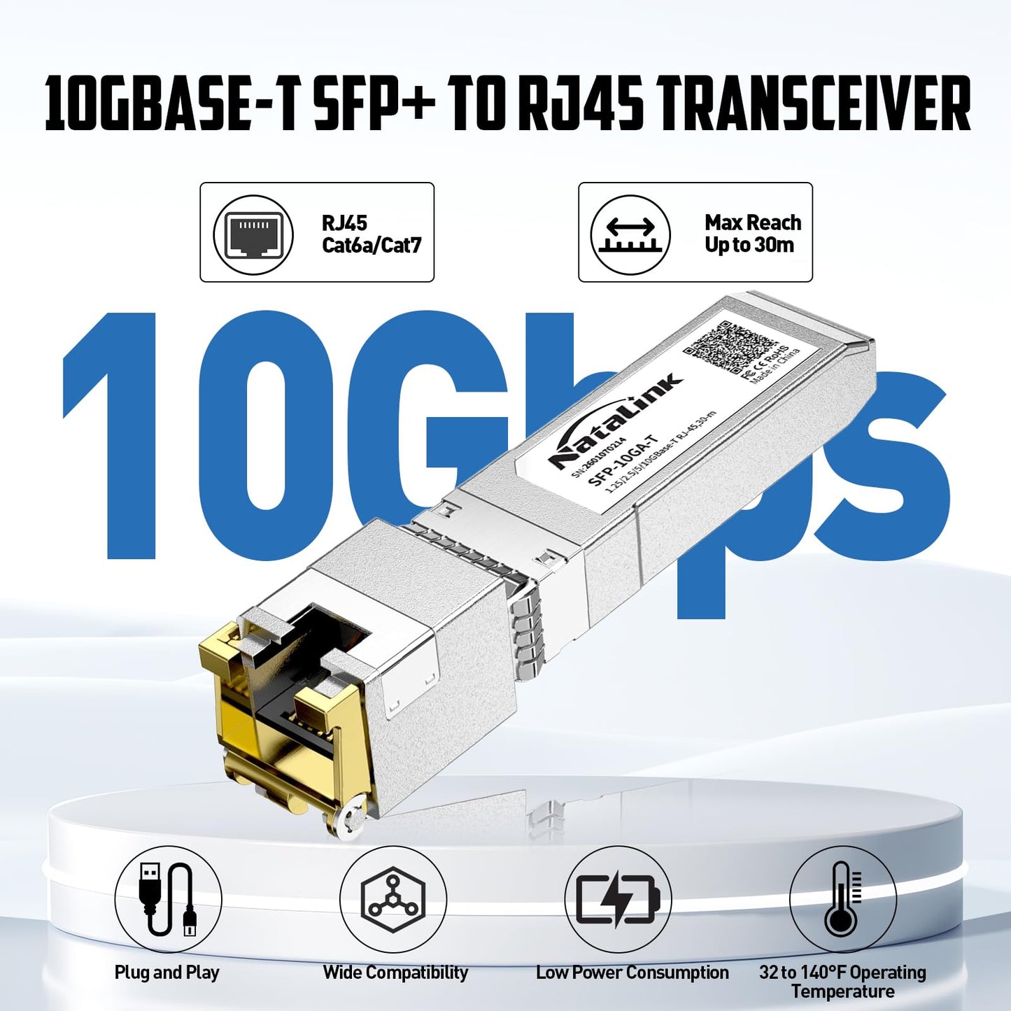 NataLink 10G SFP+ to RJ45 Transceiver, Auto-Negotiation Copper SFP to Ethernet Module Support 10G/5G/2.5G/1.25G