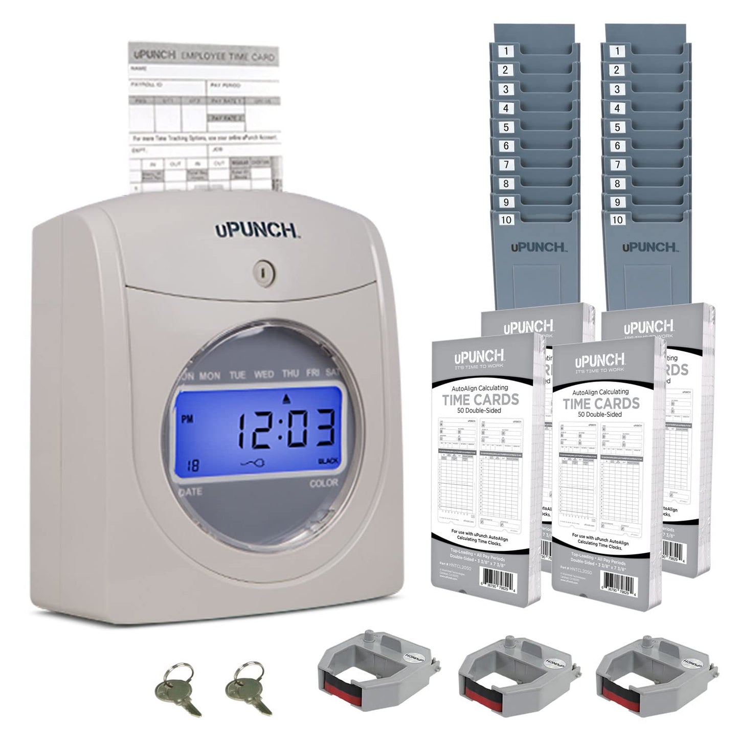uPunch HN4500 Advanced Calculating Time Clock Bundle for Small Business: Complete Employee Time Tracking System with 200 Time Cards, Racks, Ribbons