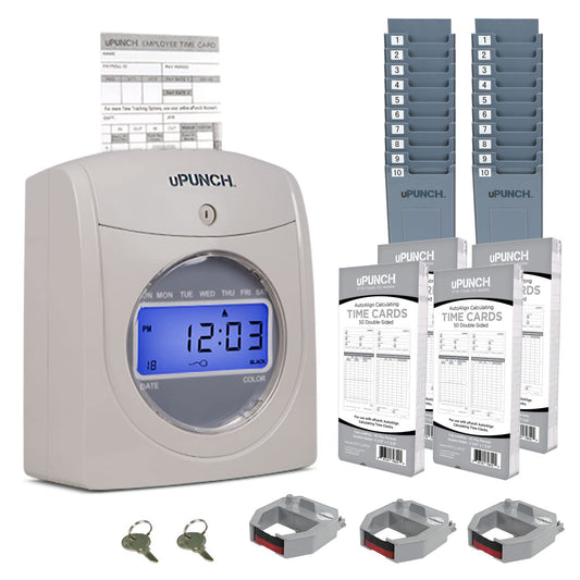 uPunch HN4500 Advanced Calculating Time Clock Bundle for Small Business: Complete Employee Time Tracking System with 200 Time Cards, Racks, Ribbons