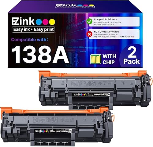 E-Z Ink 138A W1380A Replacement for 138A Black LaserJet Toner Cartridge W1380A 138X W1380X Compatible with Pro 3001dw 3001fdw MFP 3101fdw Series