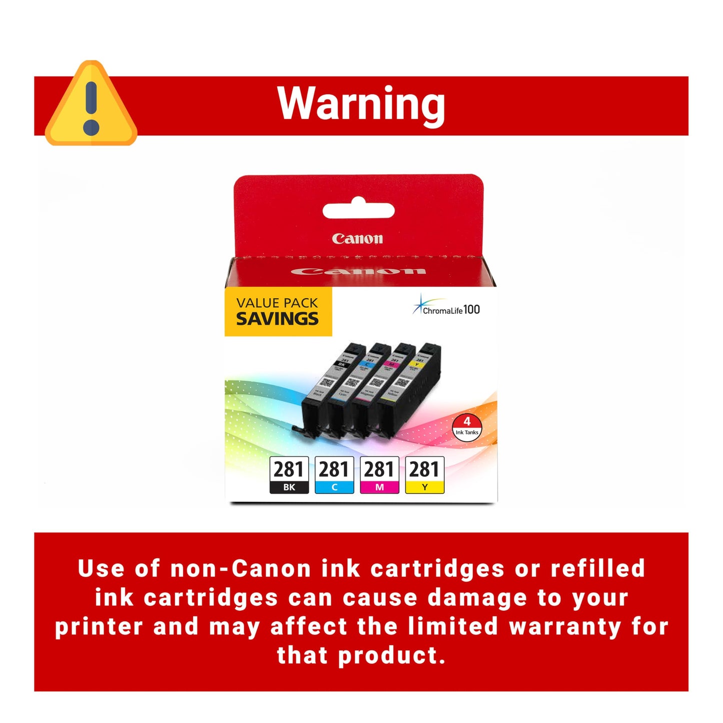 Canon CLI-281 Black, Cyan, Magenta and Yellow 4 Ink Pack, Compatible to TR8520, TR8620 Series, TS9120, and TS6210 Printers