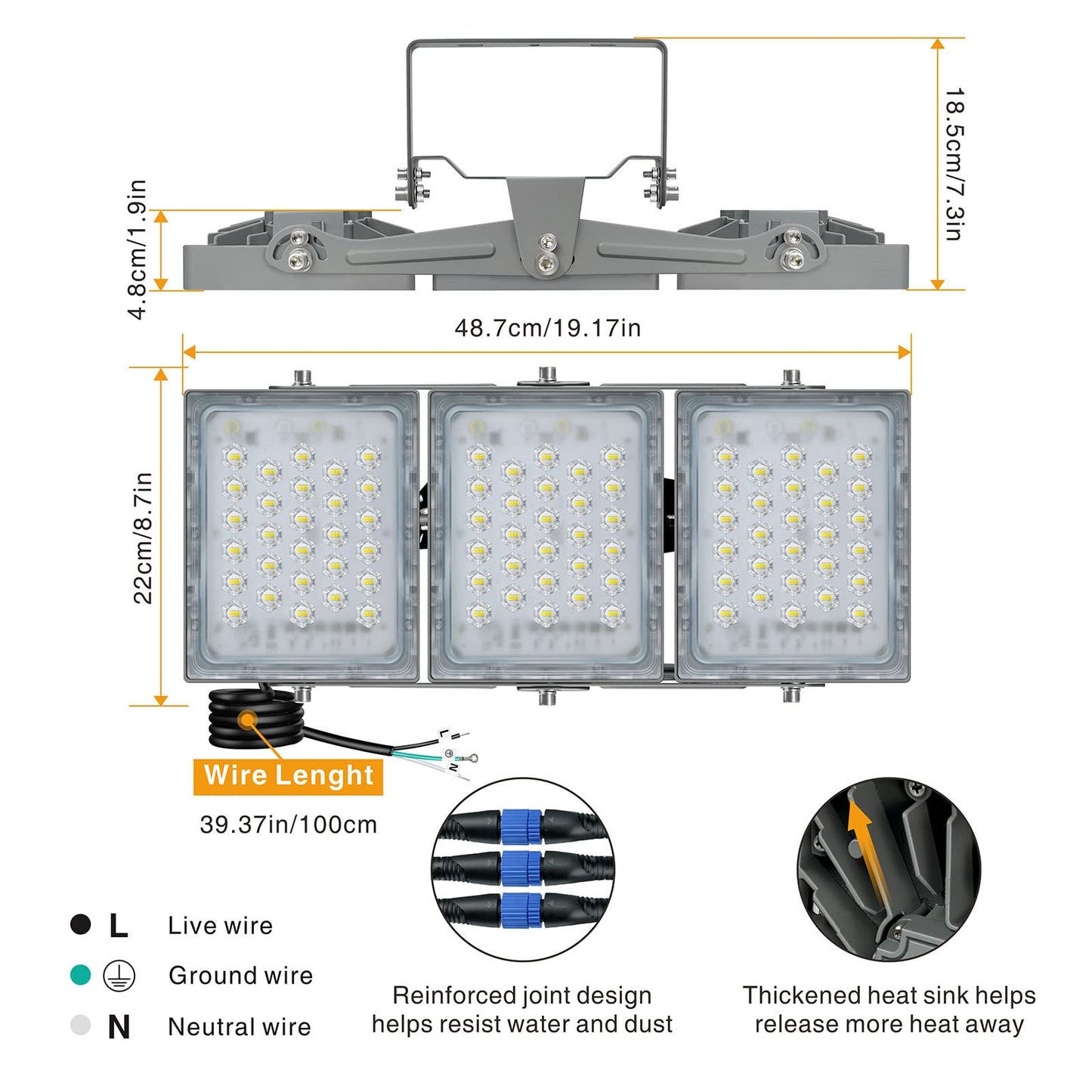 STASUN LED Flood Light Outdoor, 150W 13500lm Outdoor Lighting with 330° Lighting Angle, 5000K, 3 Adjustable Heads, IP66 Waterproof LED Exterior
