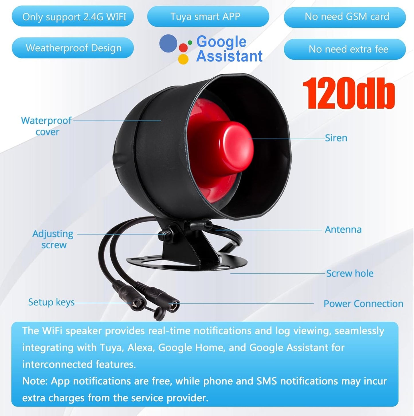 WiFi Alarm System for Home Security, 120dB Wireless Alarm Security System with Free Notification APP Control and Motion Sensor Siren, Remote Control