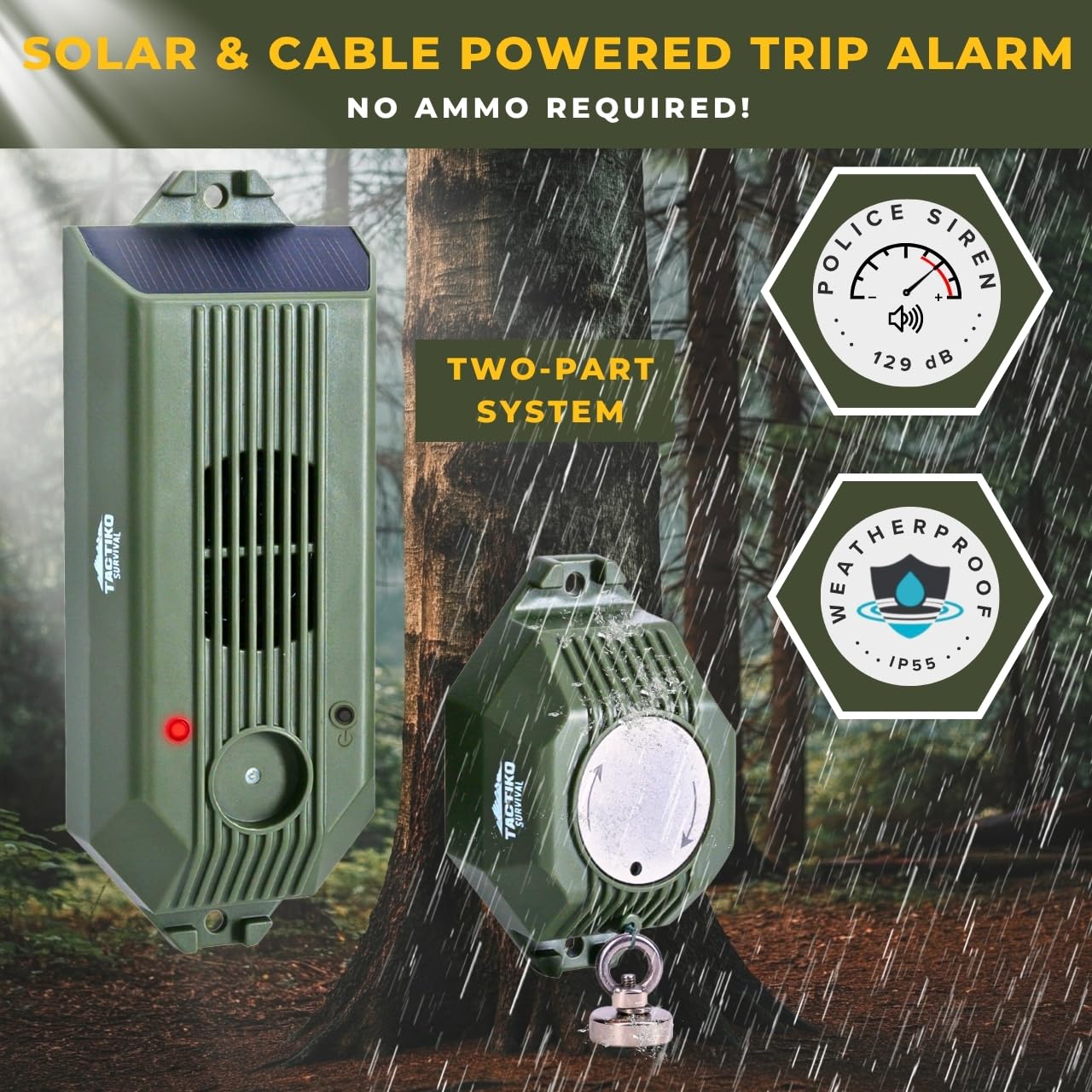 Tactiko Wire Trip Perimeter Alarm 2.0, 129 dB Rechargeable Perimeter - 80ft Kevlar Tripwire, Solar/USB, Weatherproof, Bear Deterrent for Camping