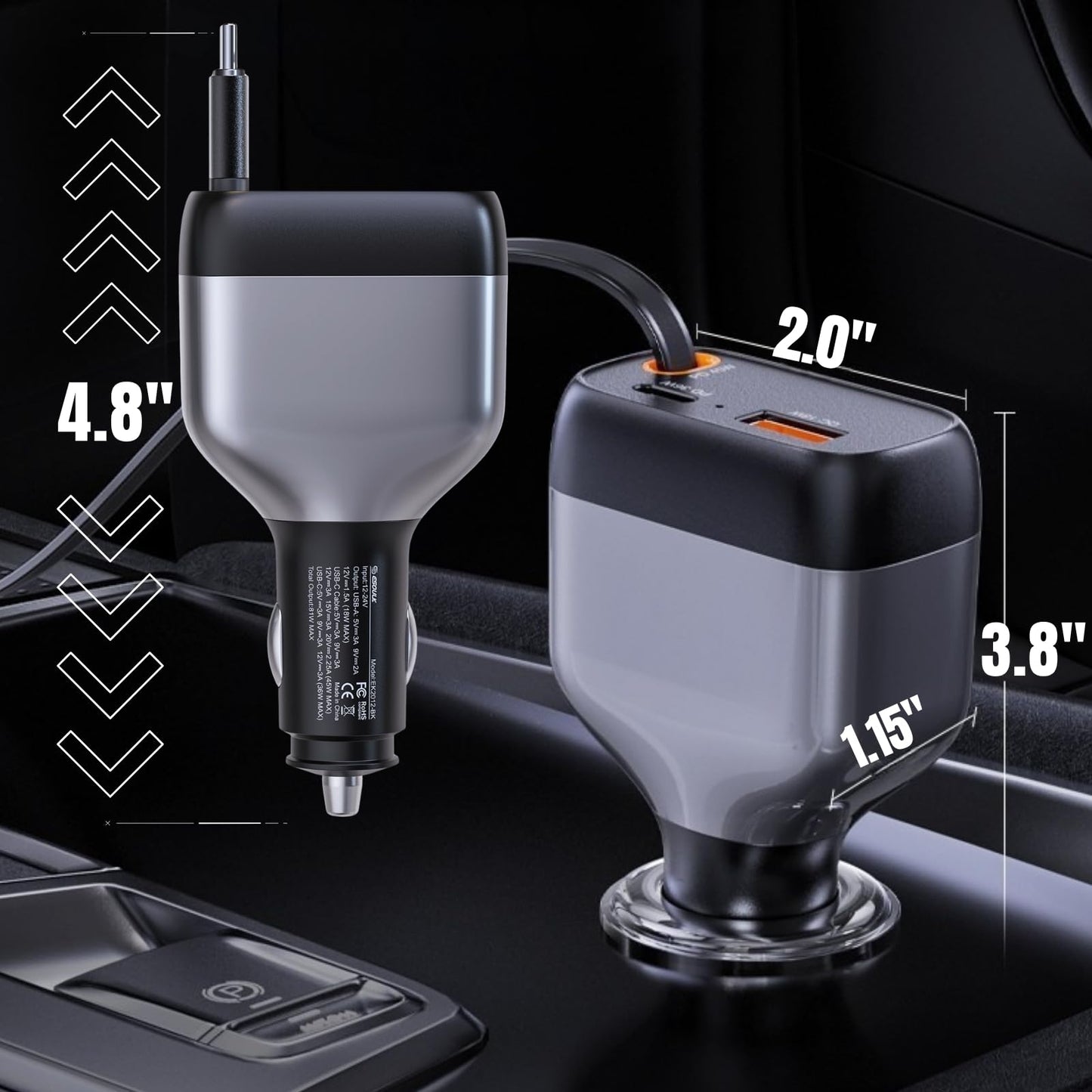 [Esoulk] 81W Retractable Car Charger, 3-Port USB C & USB A Fast Charging Adapter with Built-in 45W Cable for iPhone 17/16/15, for Samsung Galaxy, iPad