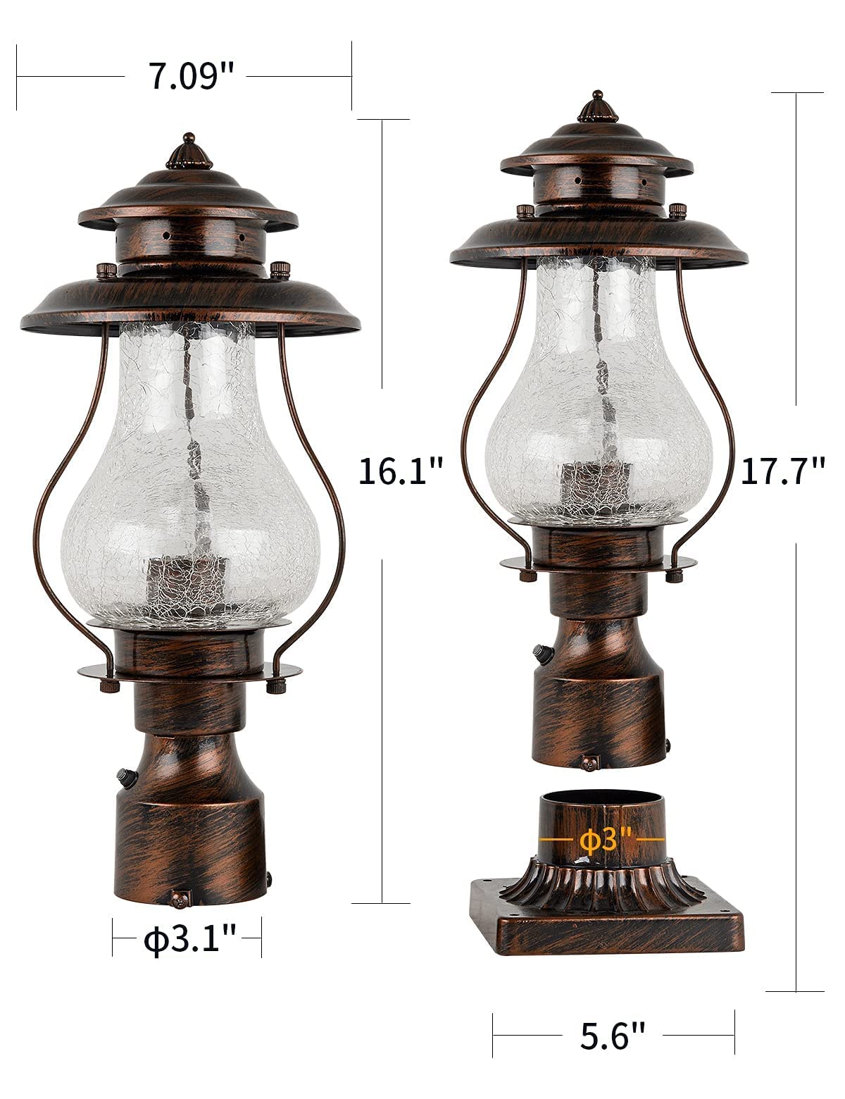 Dusk to Dawn Post Lights Outdoor Photocell Sensor Rustic Pole Mount Lanterns with Pier Mount Adapter Oil Rubbed Brown with Crackle Glass Waterproof