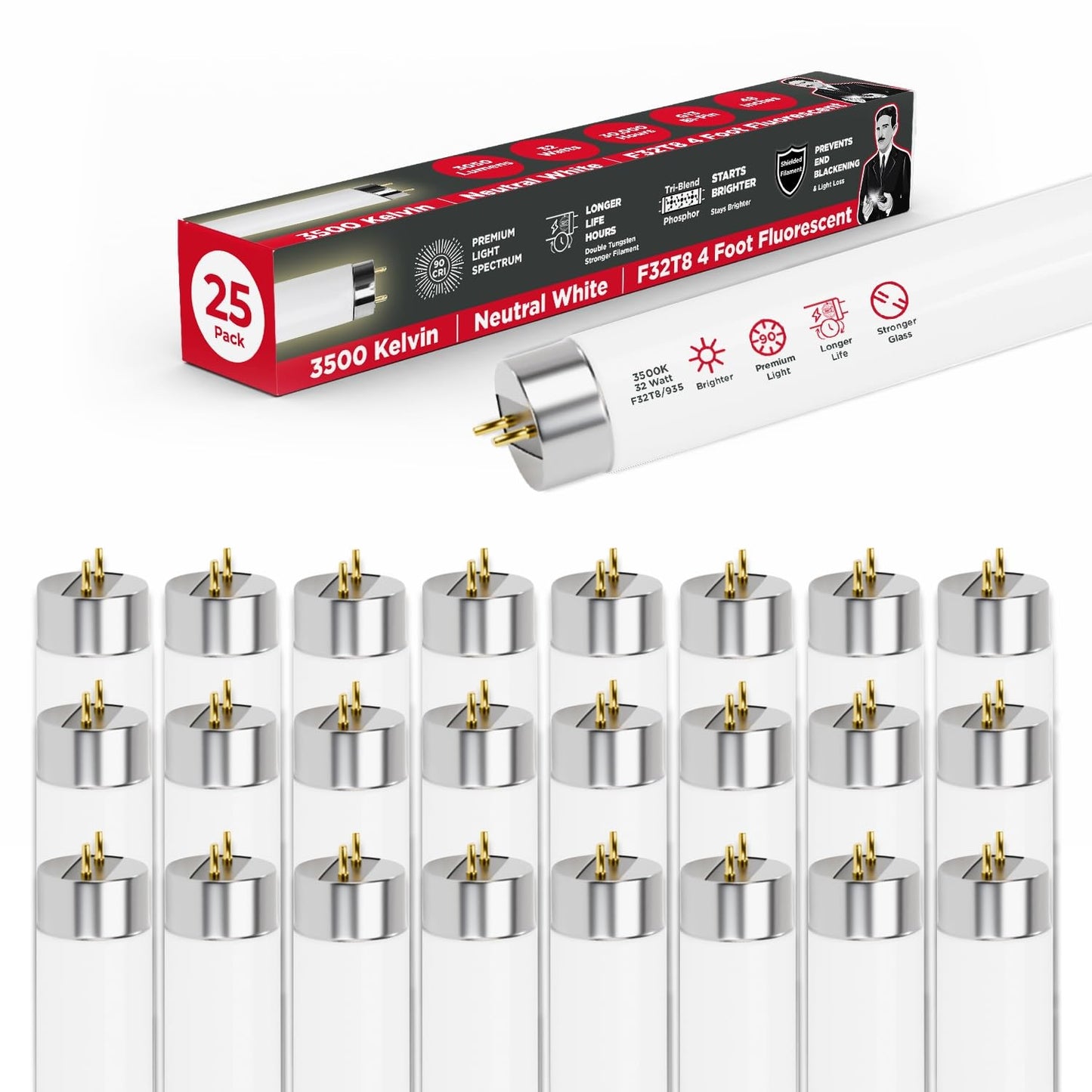 GoodBulb F32T8/835/ECO 32W 48 Inch T8 Fluorescent Light Bulb, 3500K Soft White Medium Bi-Pin Base, 3050 Lumens 86 CRI 24000 Life Hours