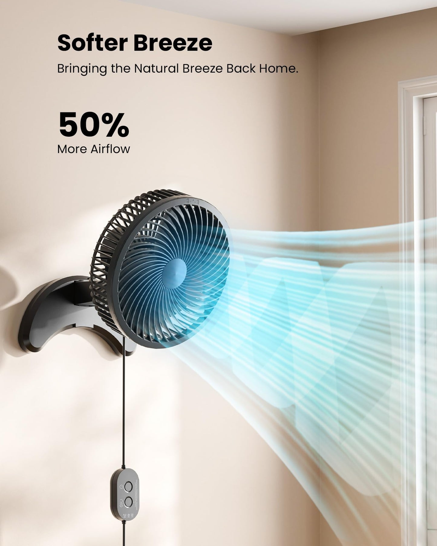 Koonie 8'' Wall Mount Fan, Quiet Small Fan with Timer, 8.2ft Wired Remote