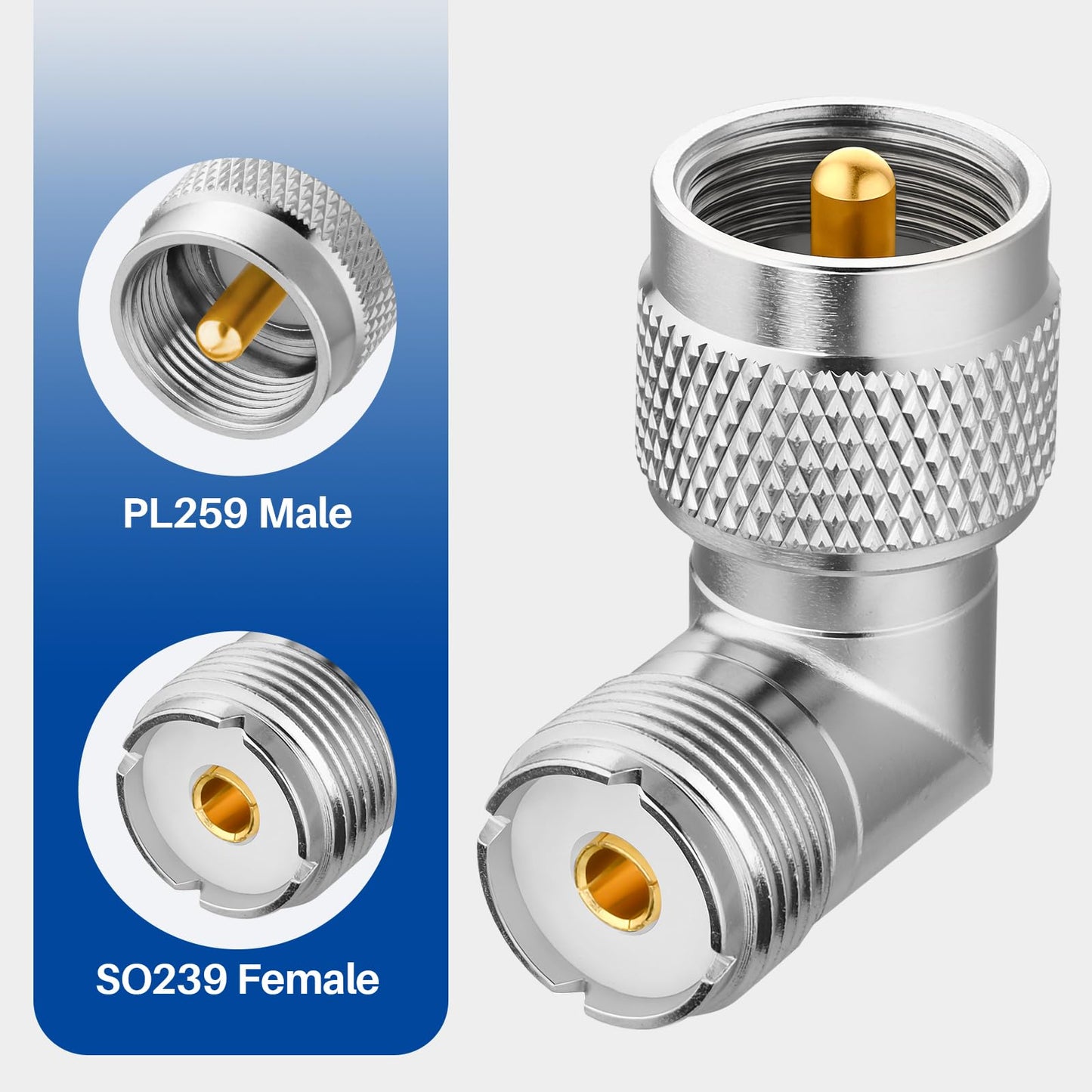 RFAdapter PL259 Right Angle, 2 Pack UHF Male to Female Coax Connector Adapter, 90 Degree L-Shape Coaxial Connector for Coaxial Cable,CB, Ham Radio