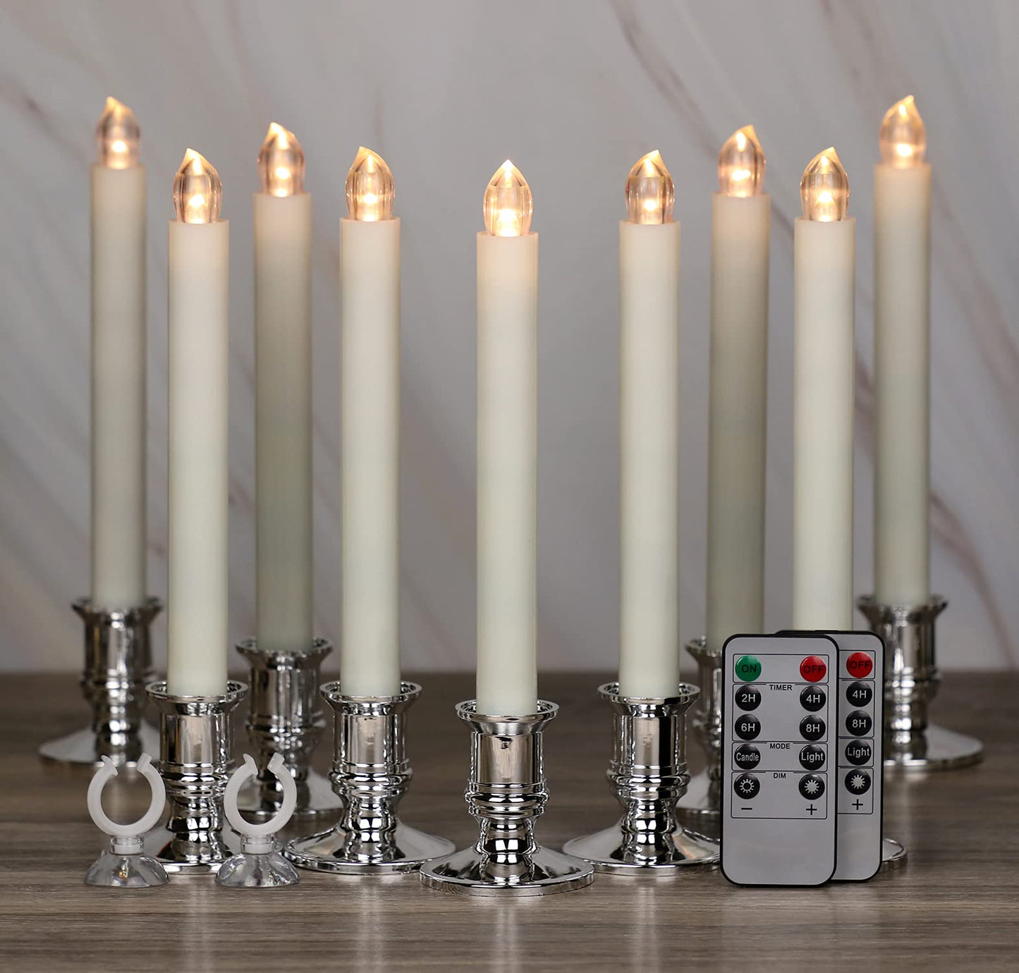 OWLBAY Set of 12 Flickering Flameless Window Candles with Remote and Timer, 8.7" H Battery Operated LED Taper Candles with Removable Silver Holders
