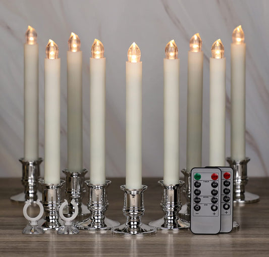 OWLBAY Set of 12 Flickering Flameless Window Candles with Remote and Timer, 8.7" H Battery Operated LED Taper Candles with Removable Silver Holders