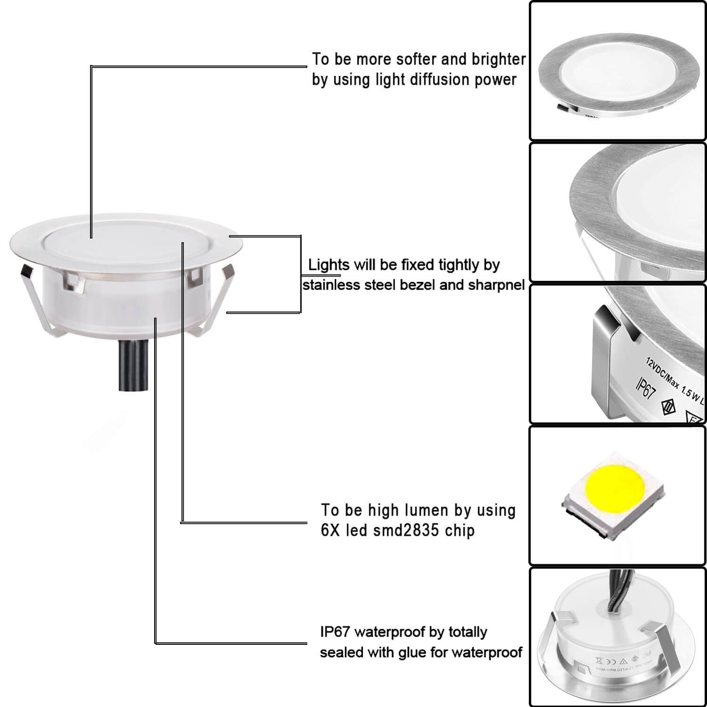 SMY Lighting Recessed LED Deck Lights Kits 6 Pack, (Upgrade Version) Deck Lighting Waterproof IP67,Low Voltage LED Lights for Garden, Steps,Stair