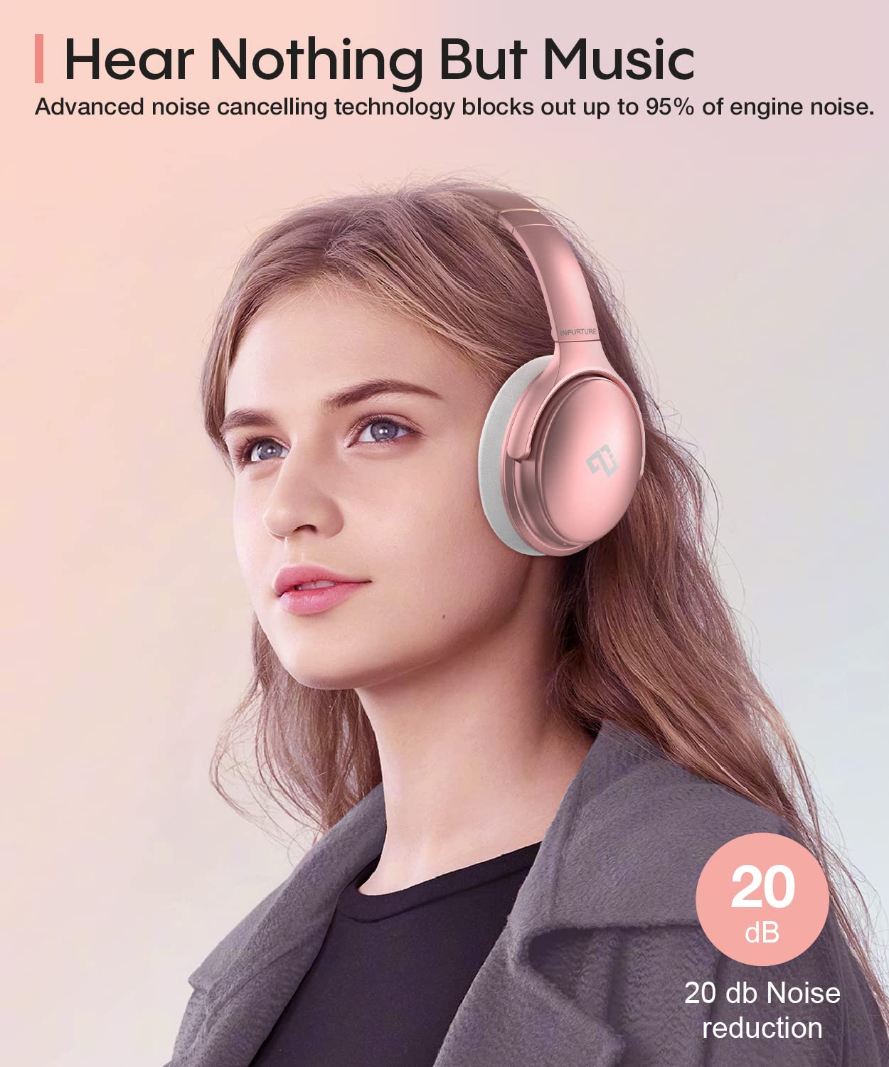 INFURTURE Pink Headphones Over Ear Headphones Active Noise Cancelling Bluetooth Headphones, Deep Bass Headset, Low Latency, 90H Playtime, Foldable…