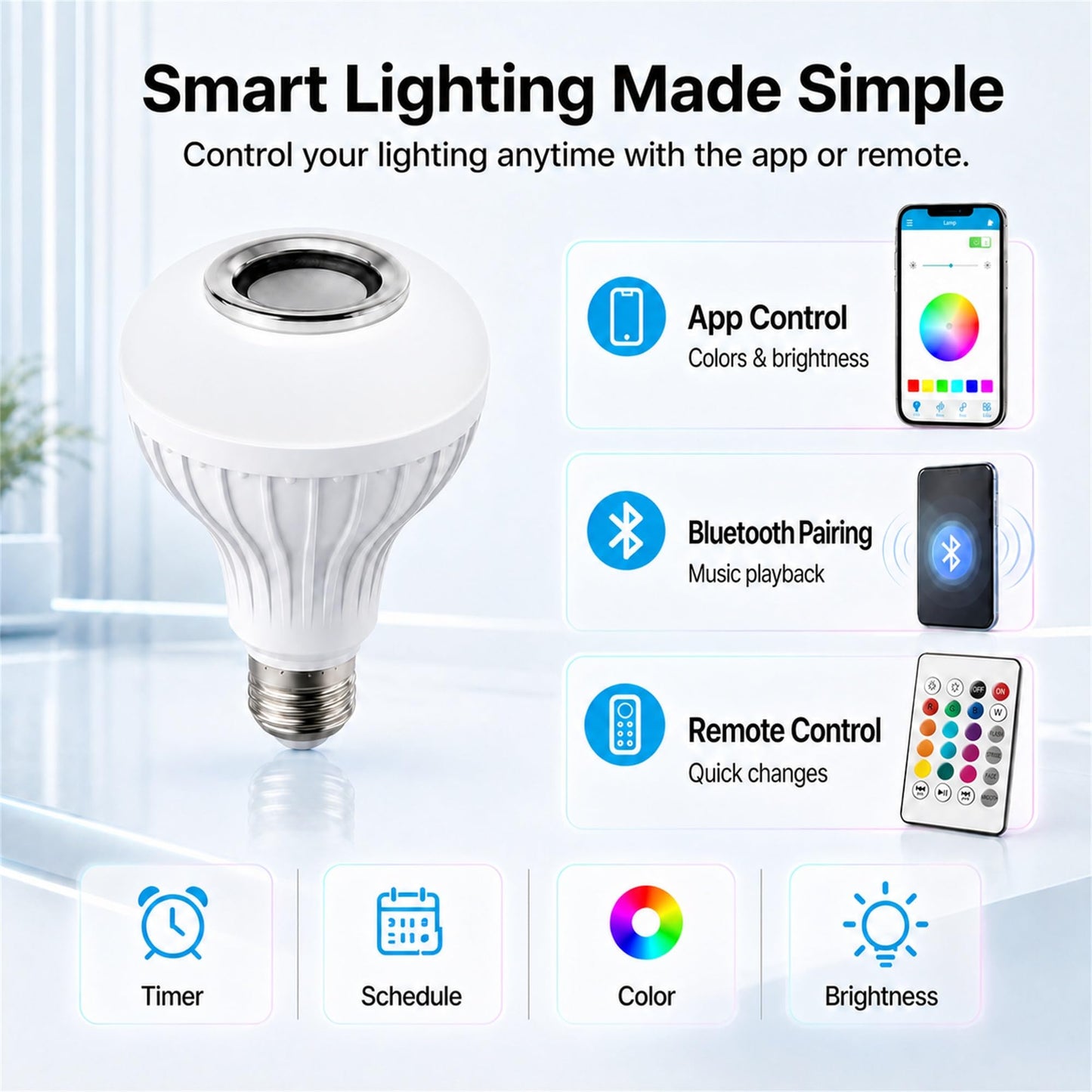JETENCN E26 RGB Smart LED Bulb with Bluetooth Speaker, App & Remote