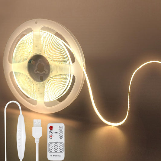 Clearhill 5V USB COB LED Strip Lights with Remote Dimmable Switch 2Pcs,9.84FT/3M,Warm White 3000K,320LEDs/M,8mm Width,Not Waterproof IP20,1.5M USB