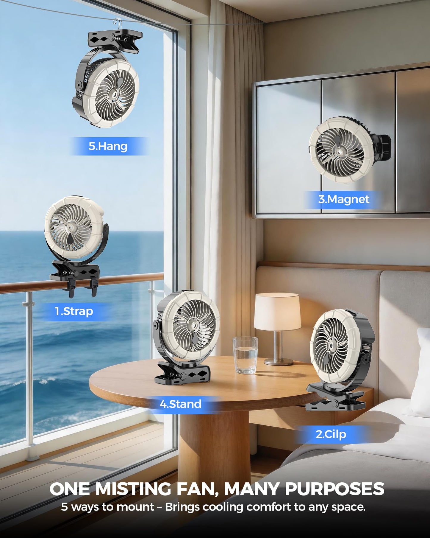 Ausic Magnetic Cruise Fan with Mist, [5-45Hrs] Portable Golf Cart Fan, 720° Rotate Baby Stroller Clip Fan, Outdoor Camping Fan with LED, Rechargeable