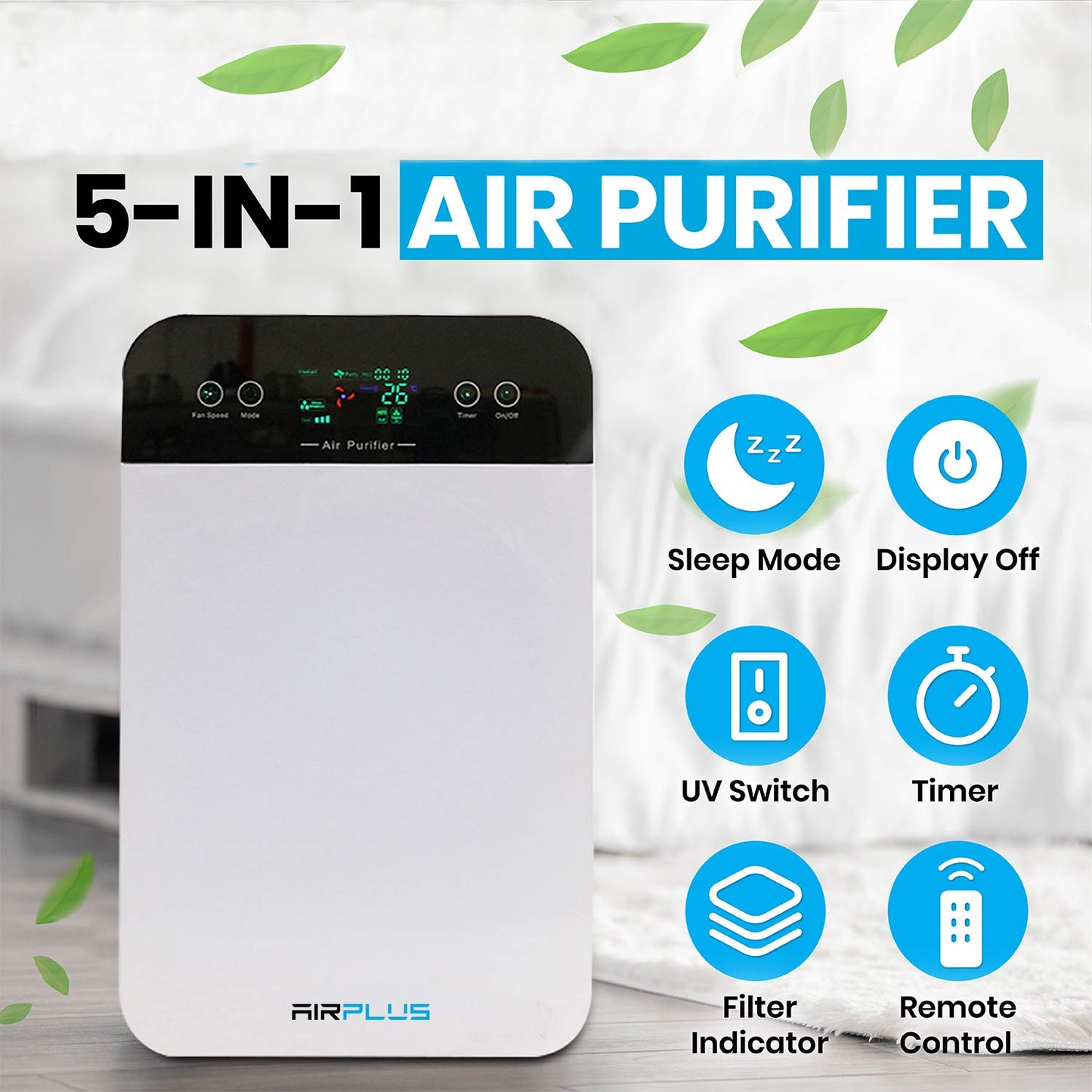 Bluonics Air Plus Room 5-in-1 Air Purifier, True HEPA Filter with UV Light, Filters Pollen, Wildfire Smoke, Dust, Odors Mold, and, for Home