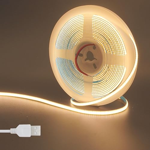 Clearhill 5V 5mm Width USB COB LED Strip Lights,6.56FT/2M,Warm White 3000K,400LEDs/M,8W/M,CRI90,1500lm,Electroplated Double-Sided Panel Light