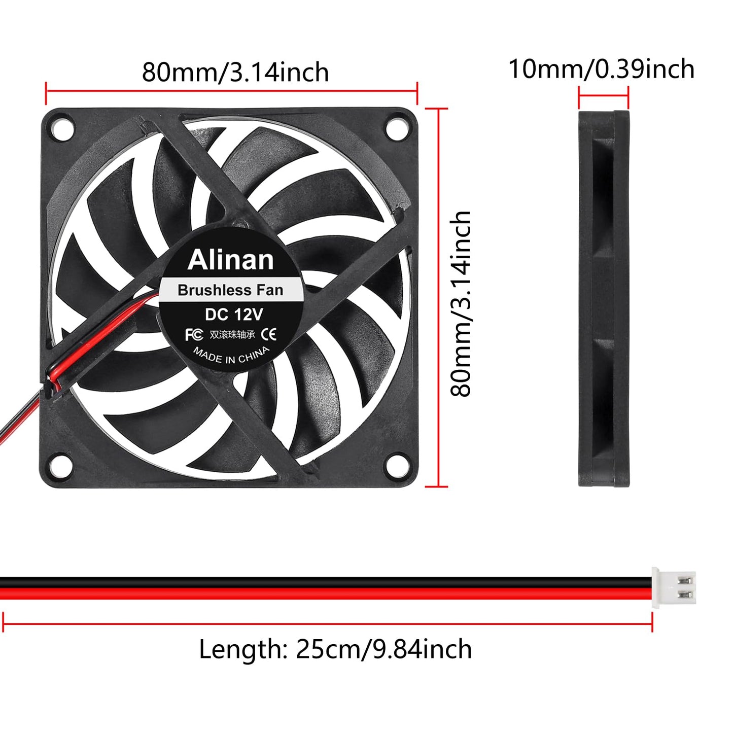 Alinan 4pcs 8010 80mm x 10mm 12V Dual Ball Bearings Brushless Fan 2Pin DC Cooling Exhaust Fan for Radiator DIY Air Exhaust Vent Cooling