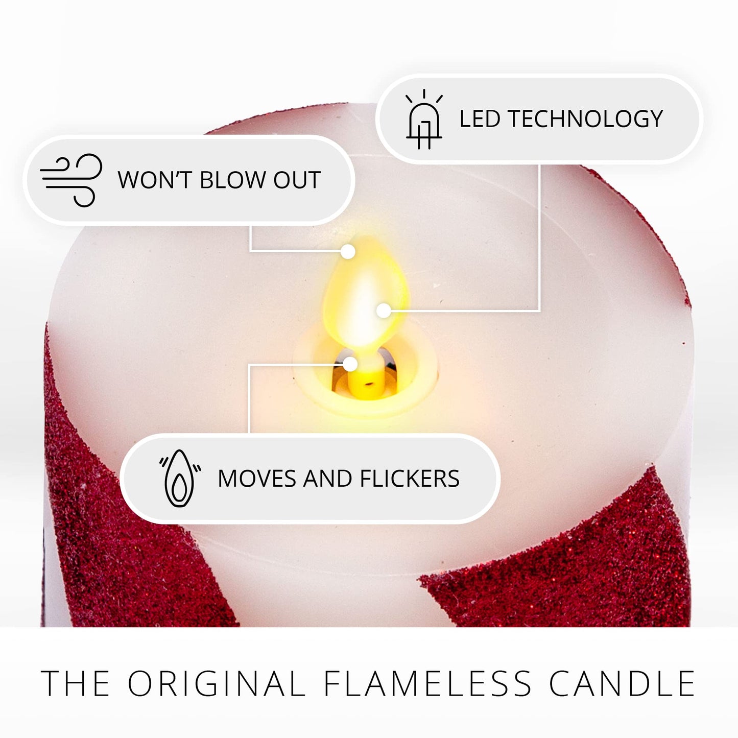 Luminara - Flameless Holiday LED Candle Battery Operated Moving Flame - Red Candy Cane - Pack of 1-6.5" - Unscented Indoor Realistic Flickering Safe