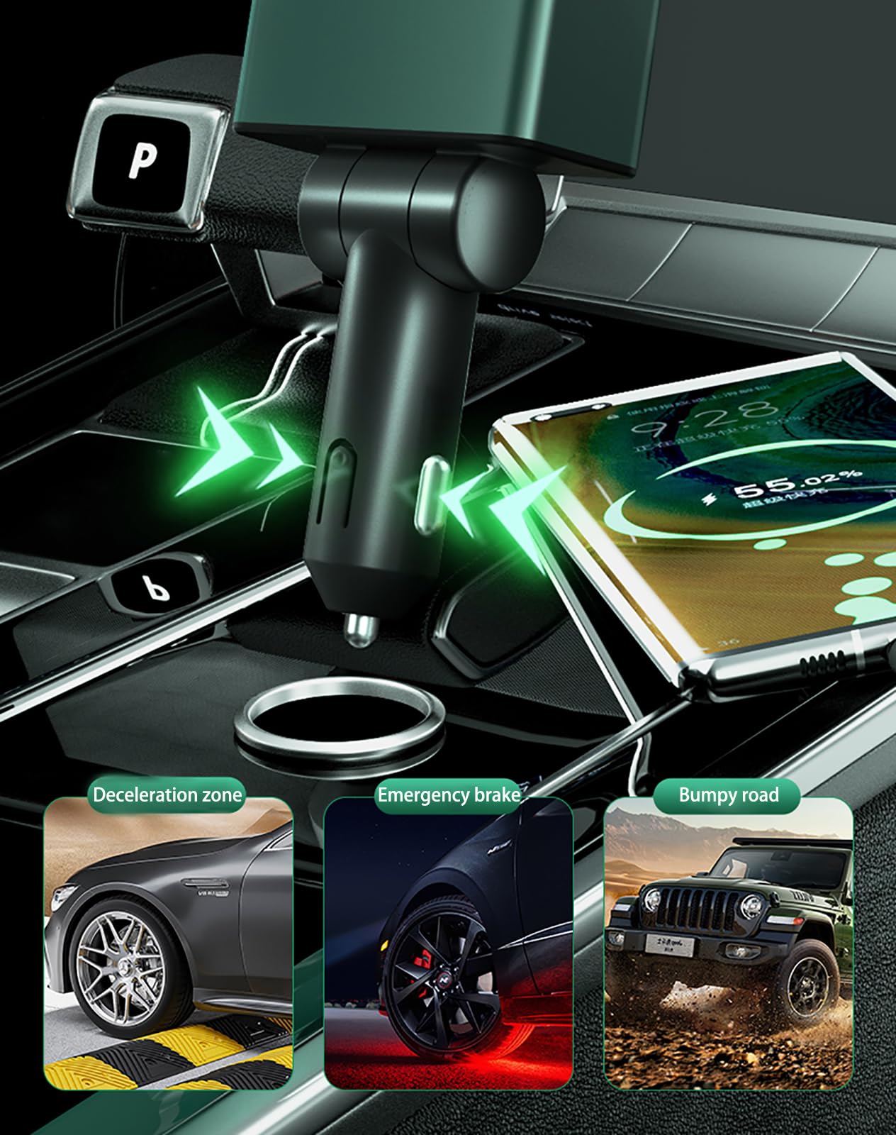 4-in-1 Retractable Car Charger, 100W Fast Car Phone Charger with 2 Retractable Cables & 2 USB Ports, Voltage Display, Multi-Port Cigarette Lighter