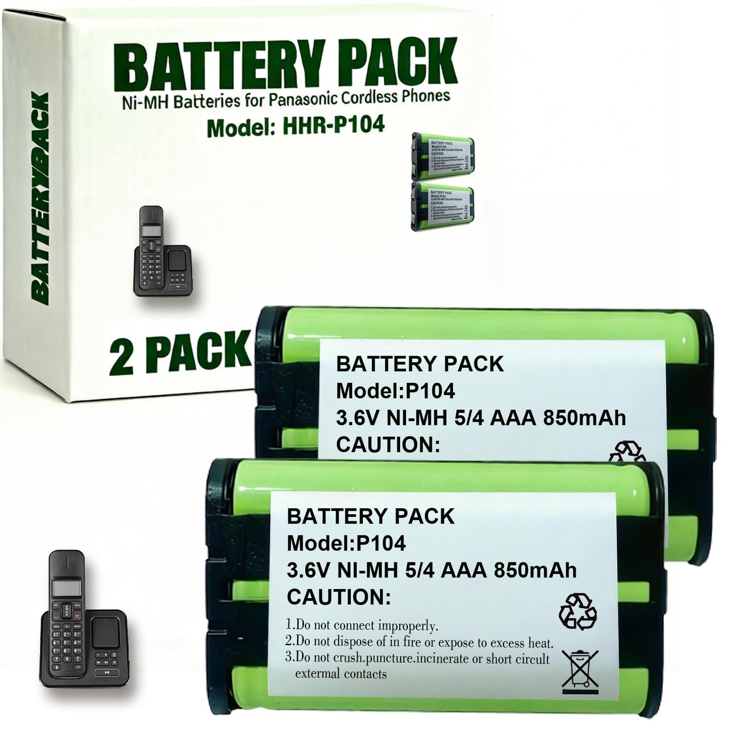 HIECTPRO 2Pack P104 NI-MH Rechargeable Battery 3.6V Ni-MH Batteries 850mah Cordless Phone Batteries for Panasonic Cordless Phones