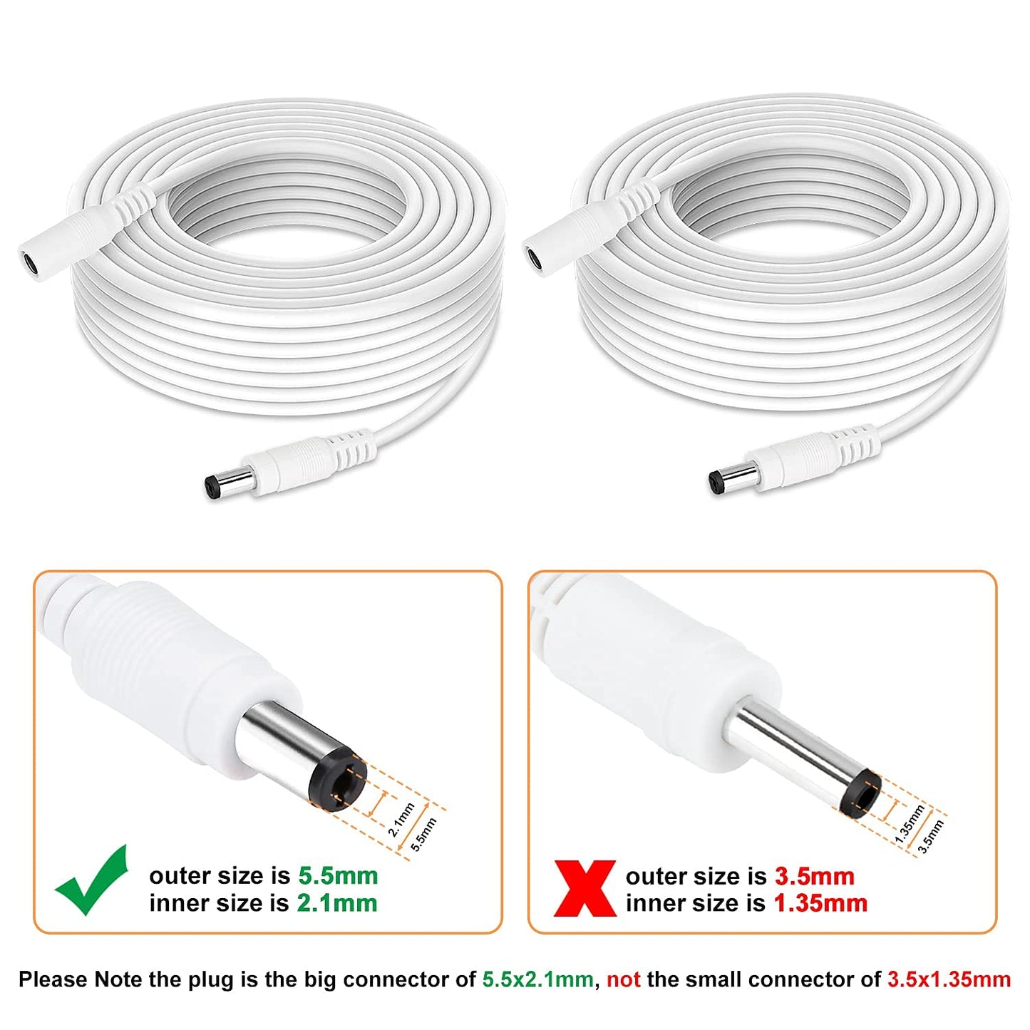 DC Power Extension Cable, 33ft 2Pack 2.1mmx5.5mm DC Plug Power Supply Adapter Extension Cord 20AWG Power Cord Compatible with 12V,24V Wireless CCTV IP
