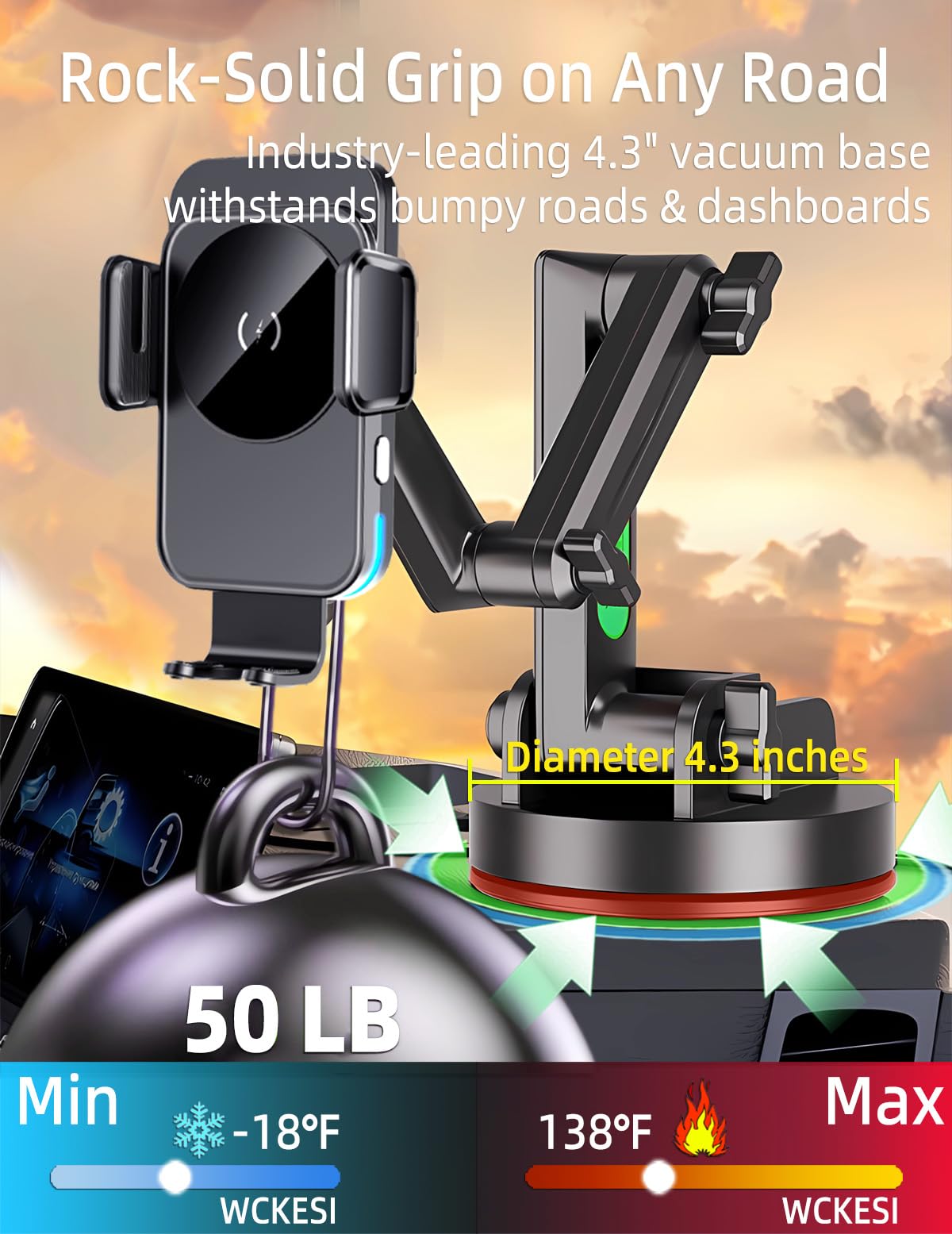 WCKESI Wireless Car Charger Phone Holder Mount for Truck, 15W Fast Charging ?15 inch Long Arm? Heavy Duty Phone Holders for Your Car Windshield