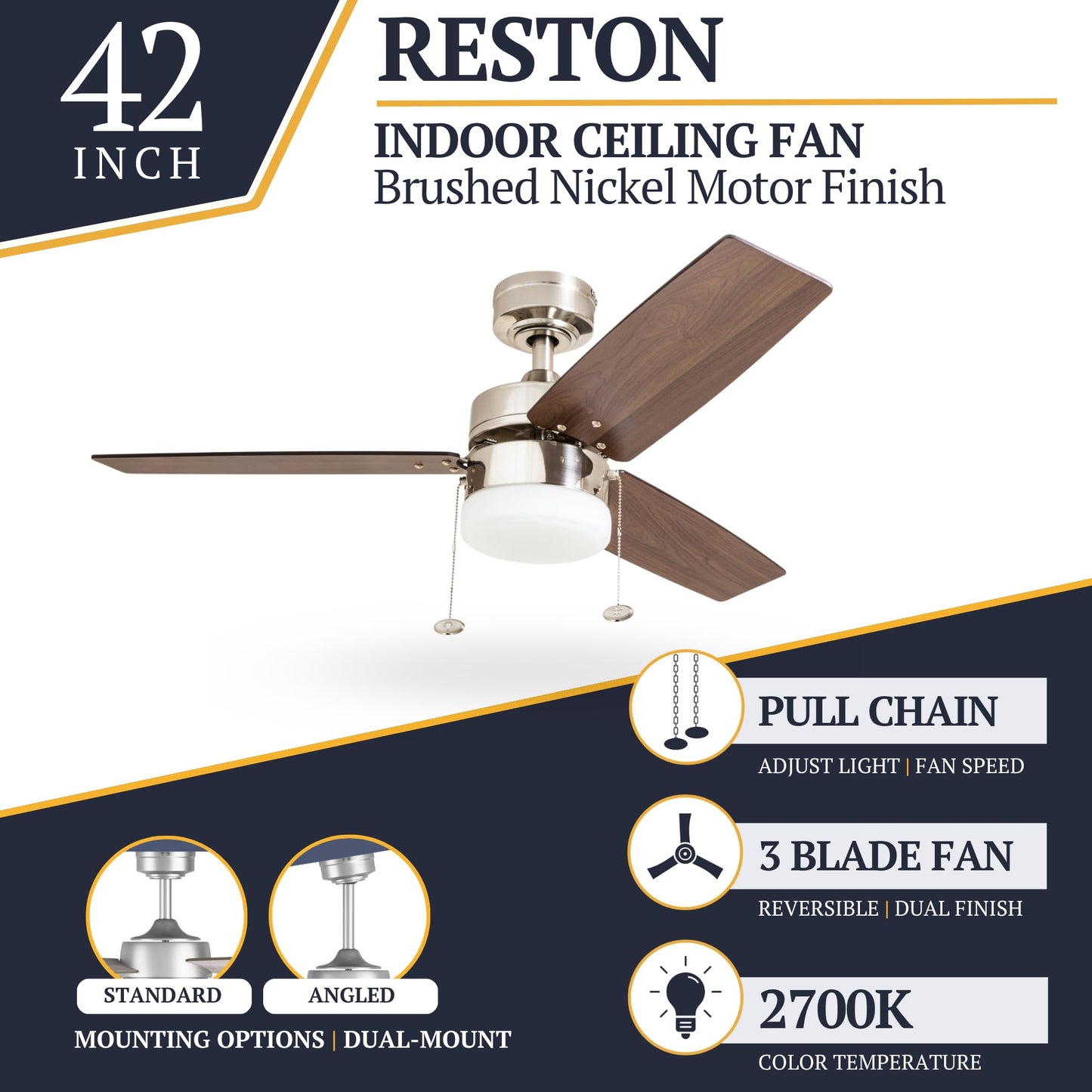 Prominence Home 42" Reston Ceiling Fan w/Light, Chain & 3 Blades, Nickel