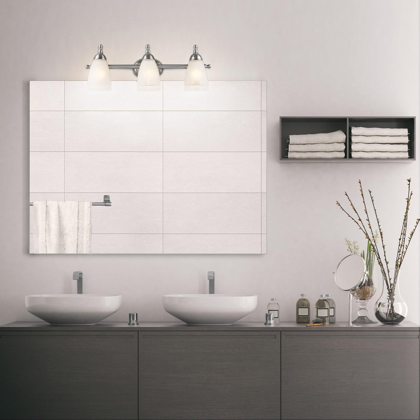 Globe Electric 50783 23" 3-Light Vanity Light, Satin Nickel, Alabaster Glass Shades, Beauty Room Accessories, Bathroom Lights Over Mirror, Makeup