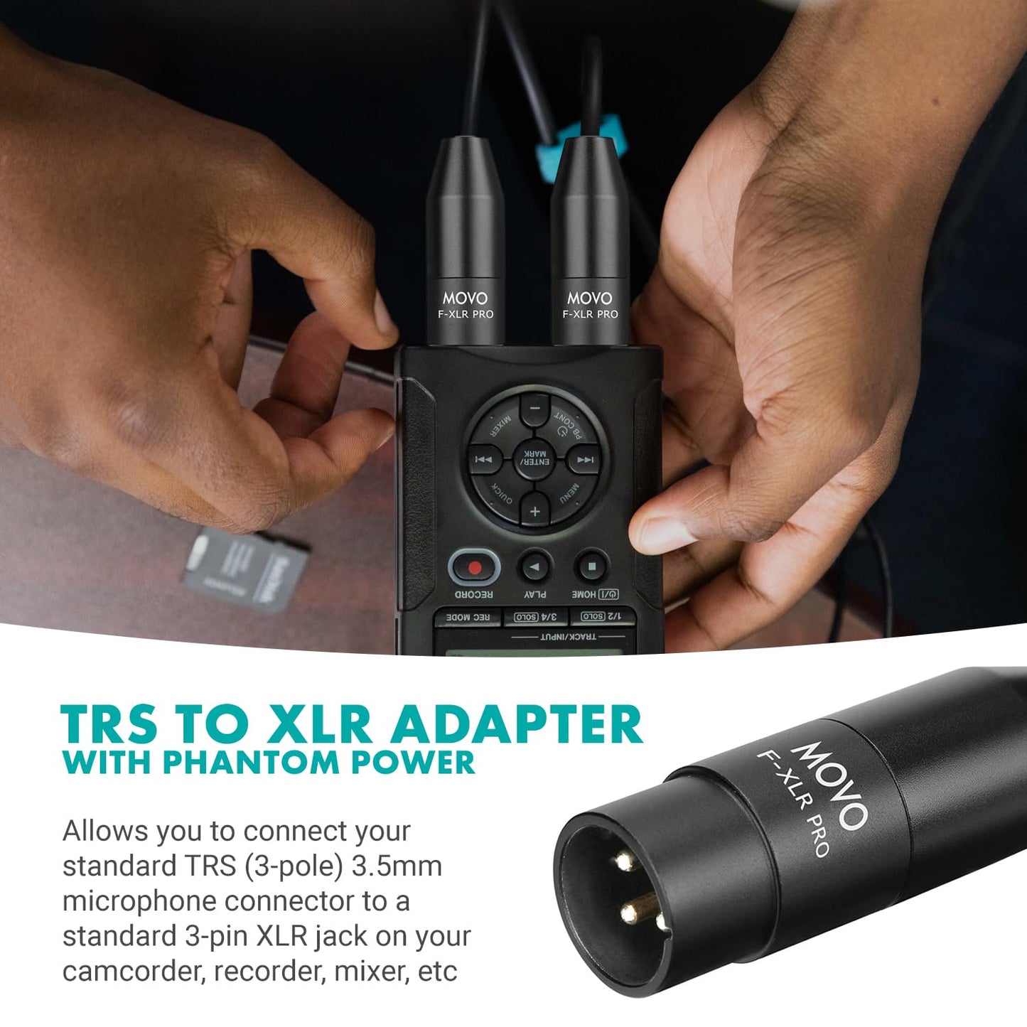 Movo FXLR-PRO 3.5mm (TRS) Mini-Jack Female Microphone Adapter to 3-pin XLR Male Connector with Integrated Phantom Power Converter