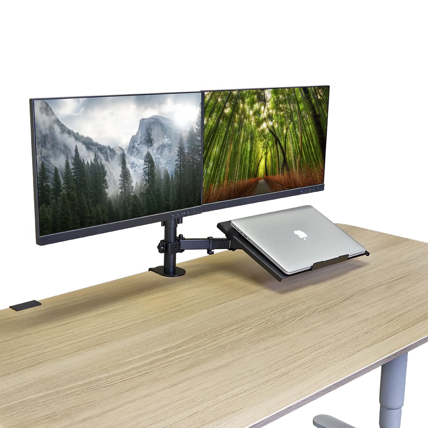 AEONS Dual Monitor and Laptop Desk Mount Combo Stand with Notebook Tray fits 17 inch, 3-in-1 Adjustable Triple Arm Mount fits 27 inch LCD Screen