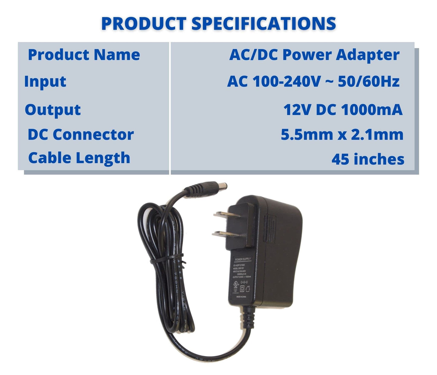 Evertech DC 12V 1 Amp 1000mA Wall Charger Power Supply Adapter for 12V Electronic Devices