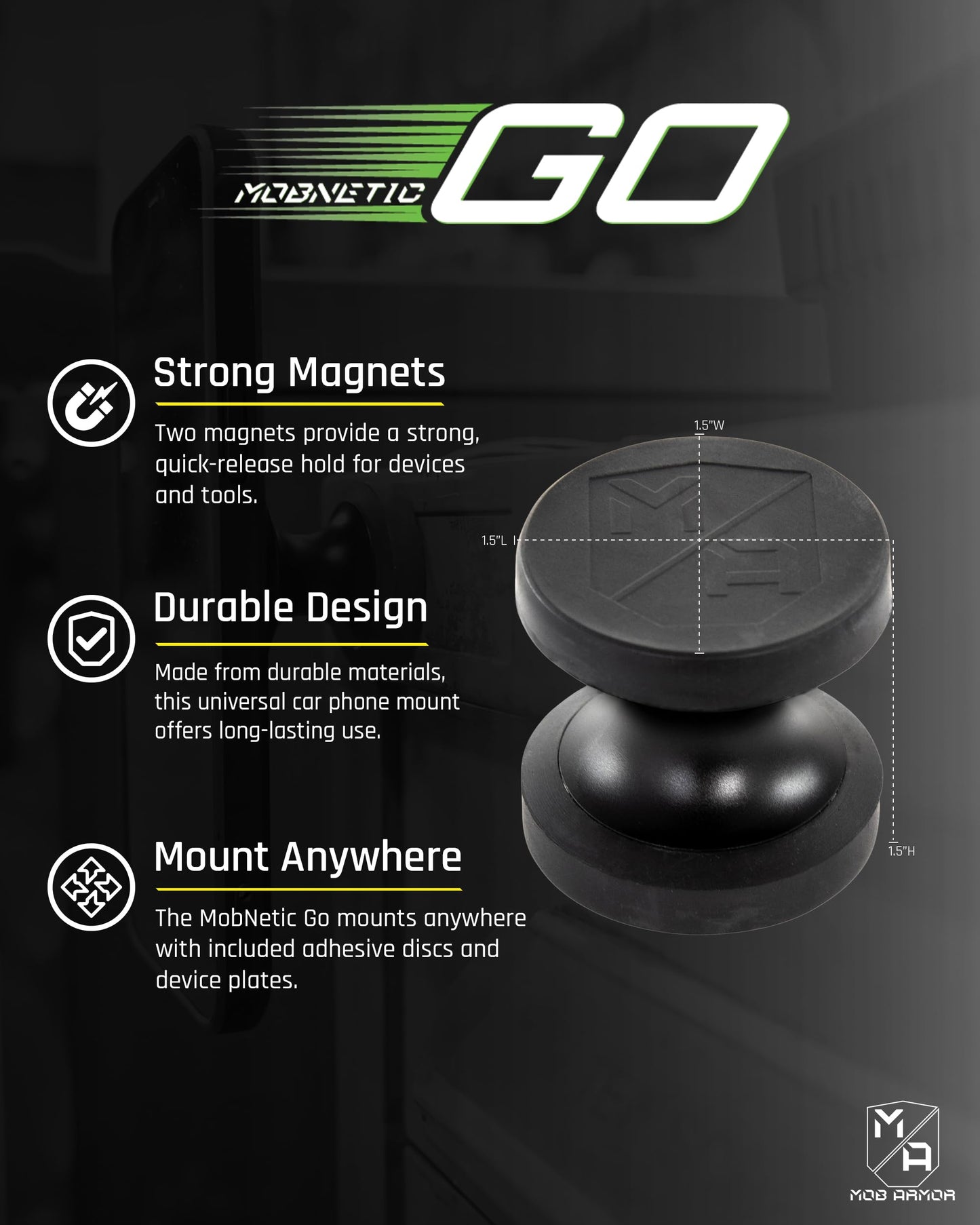 Mob Armor MobNetic Go Magnetic Phone Car Holder with Metal Plate - Strong Magnetic Base, Aircraft Grade Aluminum, Car Dashboard & Metal Surface Mount