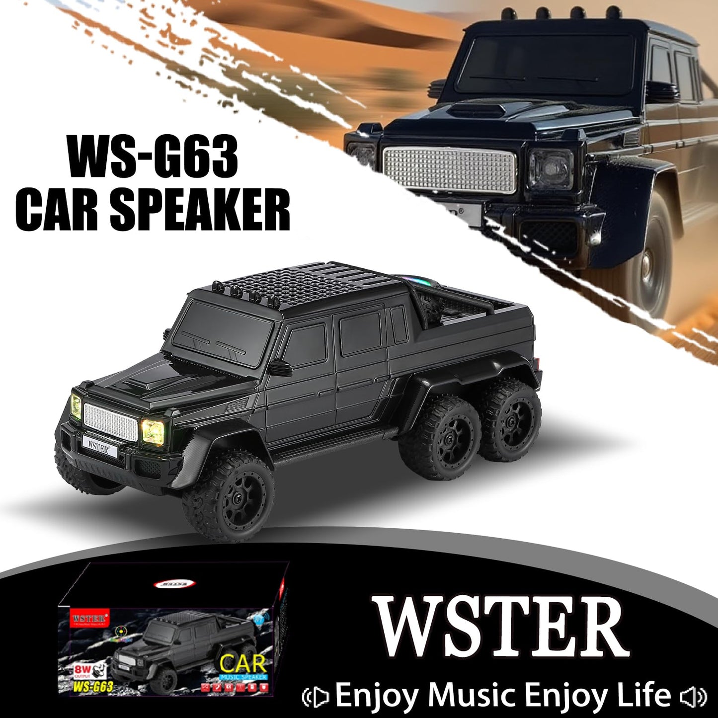 WSTER WS-G63 6-Wheel Pickup Truck Replica Bluetooth Speaker - HD Sound, FM Radio, TWS Stereo Pairing, LED Party Lights, USB/TF Playback, Built-in Mic
