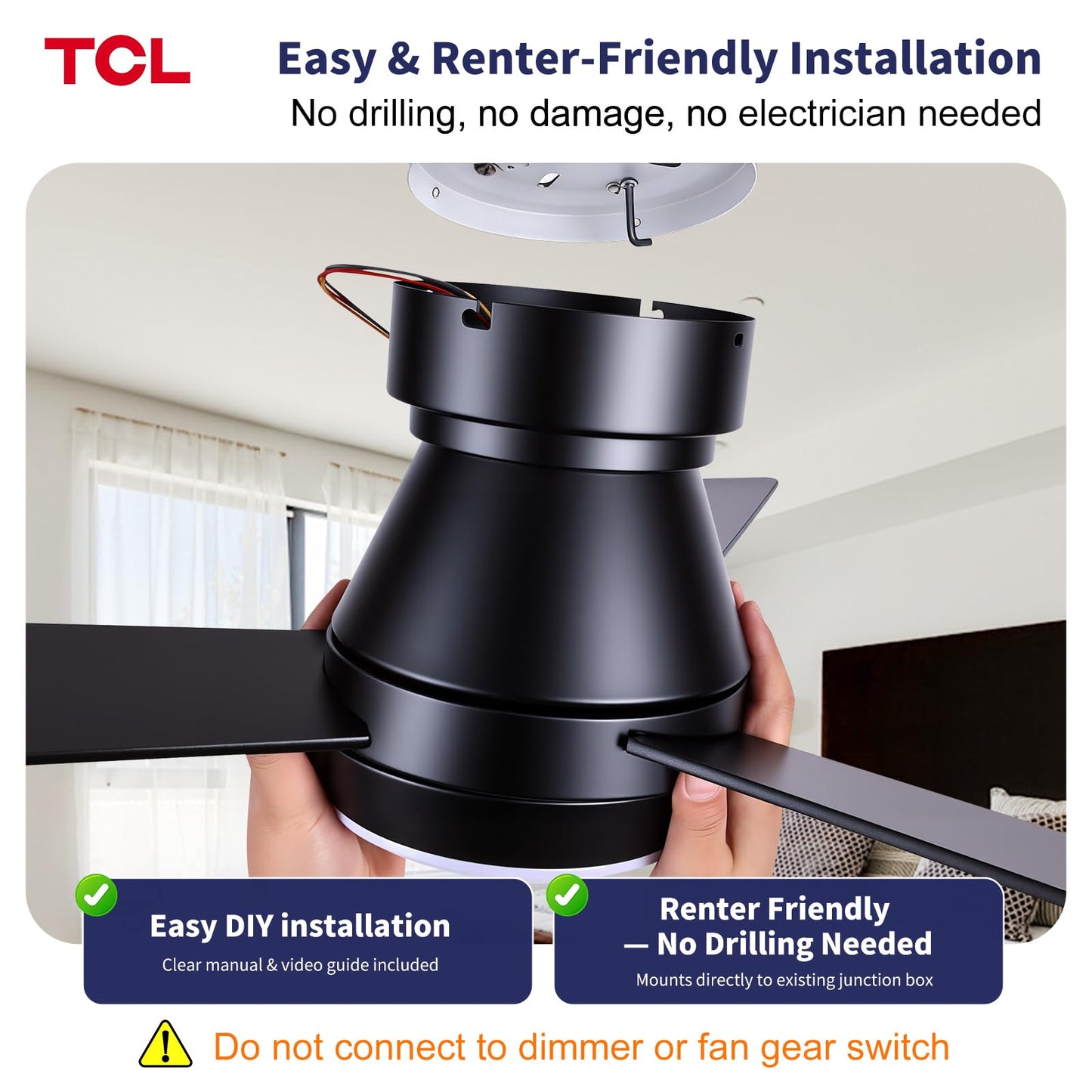 TCL 42 Inch Low Profile Ceiling Fan with Light & Remote for Bedroom, Black
