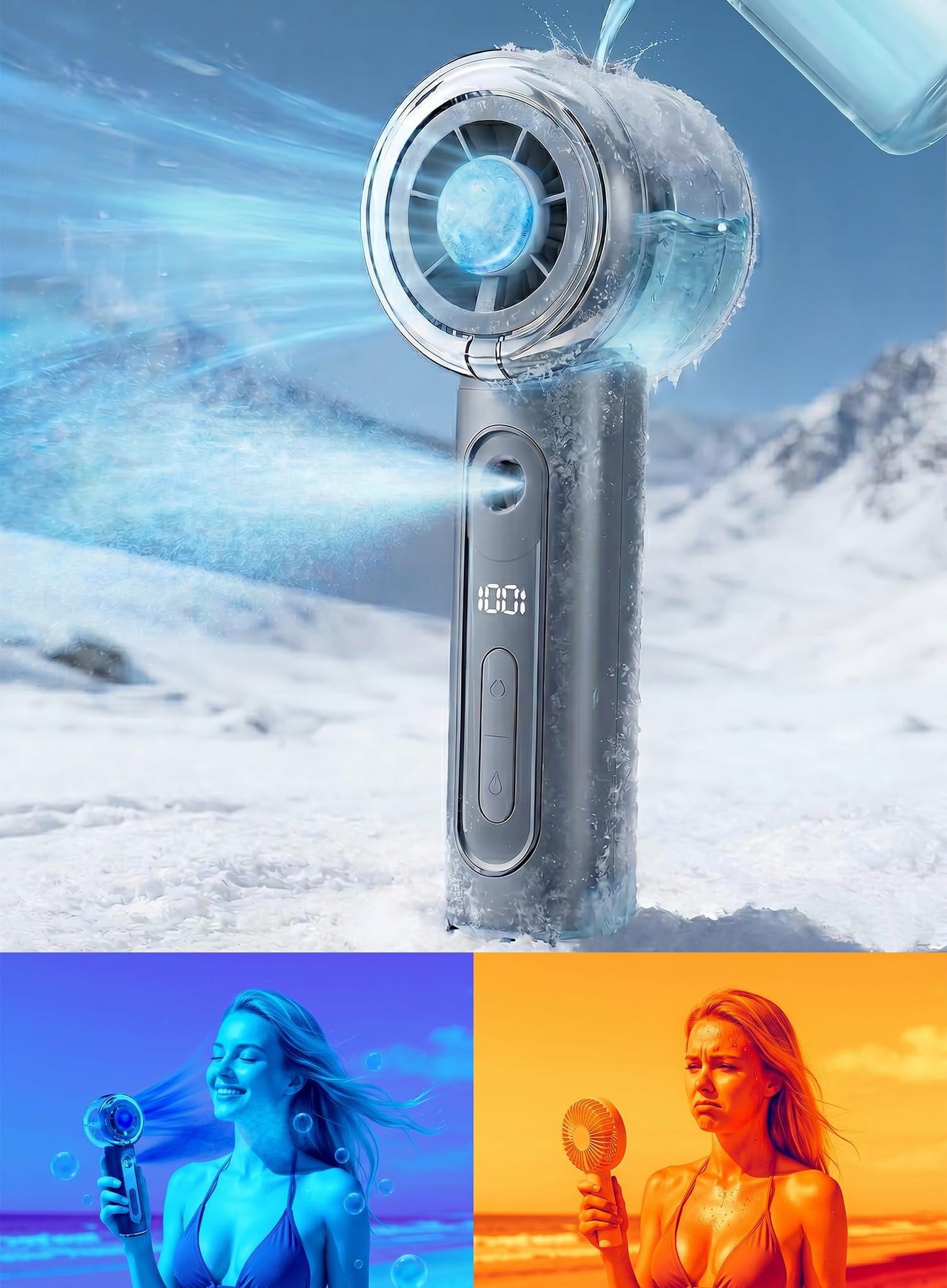 Portable Handheld Misting Fan with Ice Cooling Plate, Personal Mini Hand Held Mister Fan Water Spray, Desk Turbo Fans Rechargeable 17000RPM Blow Cold
