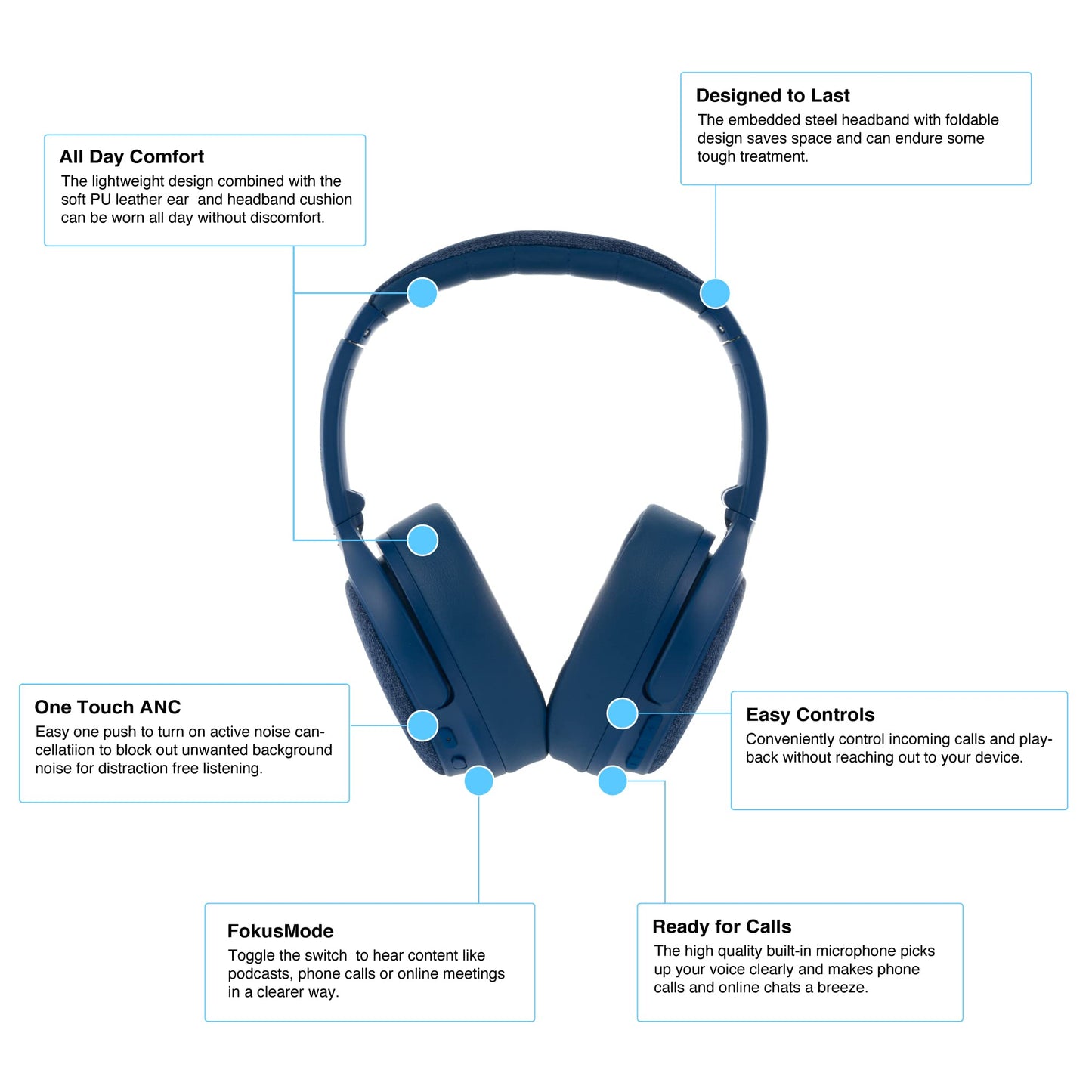 Made for Amazon, Active Noise Cancelling Bluetooth Headphones with Built-in Microphone | Blue