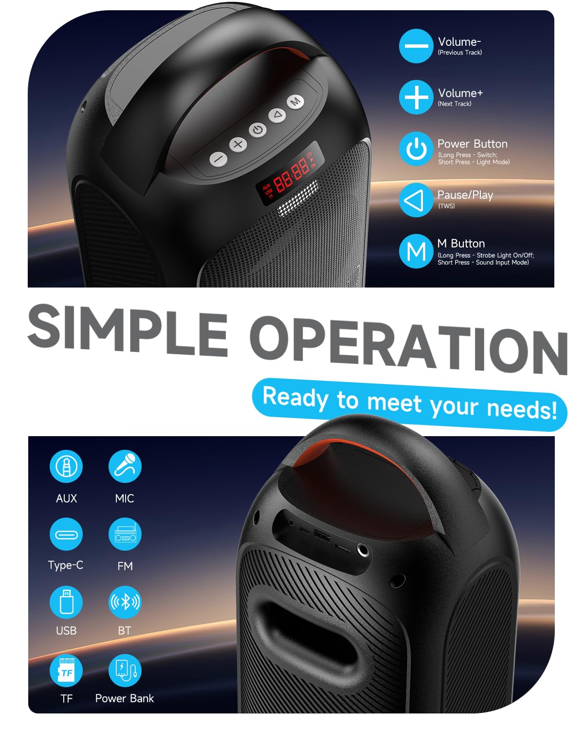 Wireless TWS Portable Bluetooth Speaker, Beat-Driven Lights, 120dB Loud Stereo Party Speaker with Bluetooth 5.3, USB/TF/AUX/FM/Mic, Built-in Carry