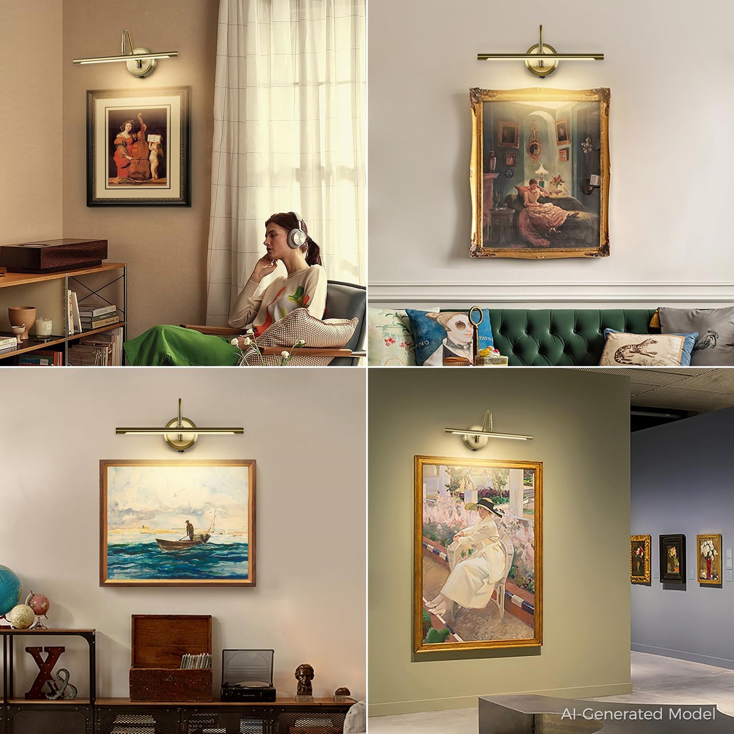 JOOSENLUX Battery Operated Picture Light Gold - Modern Wireless Picture Lights for Wall Dimmable 16.5inch Under Cabinet and Swing Arm for Canvas