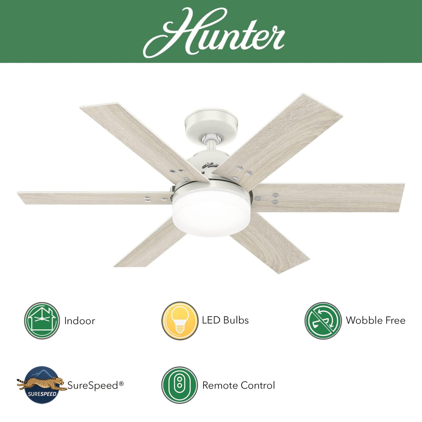 Hunter Fan 44 inch Transitional Fresh White Finish indoor Ceiling Fan with Light Kit and Remote Control (Renewed)