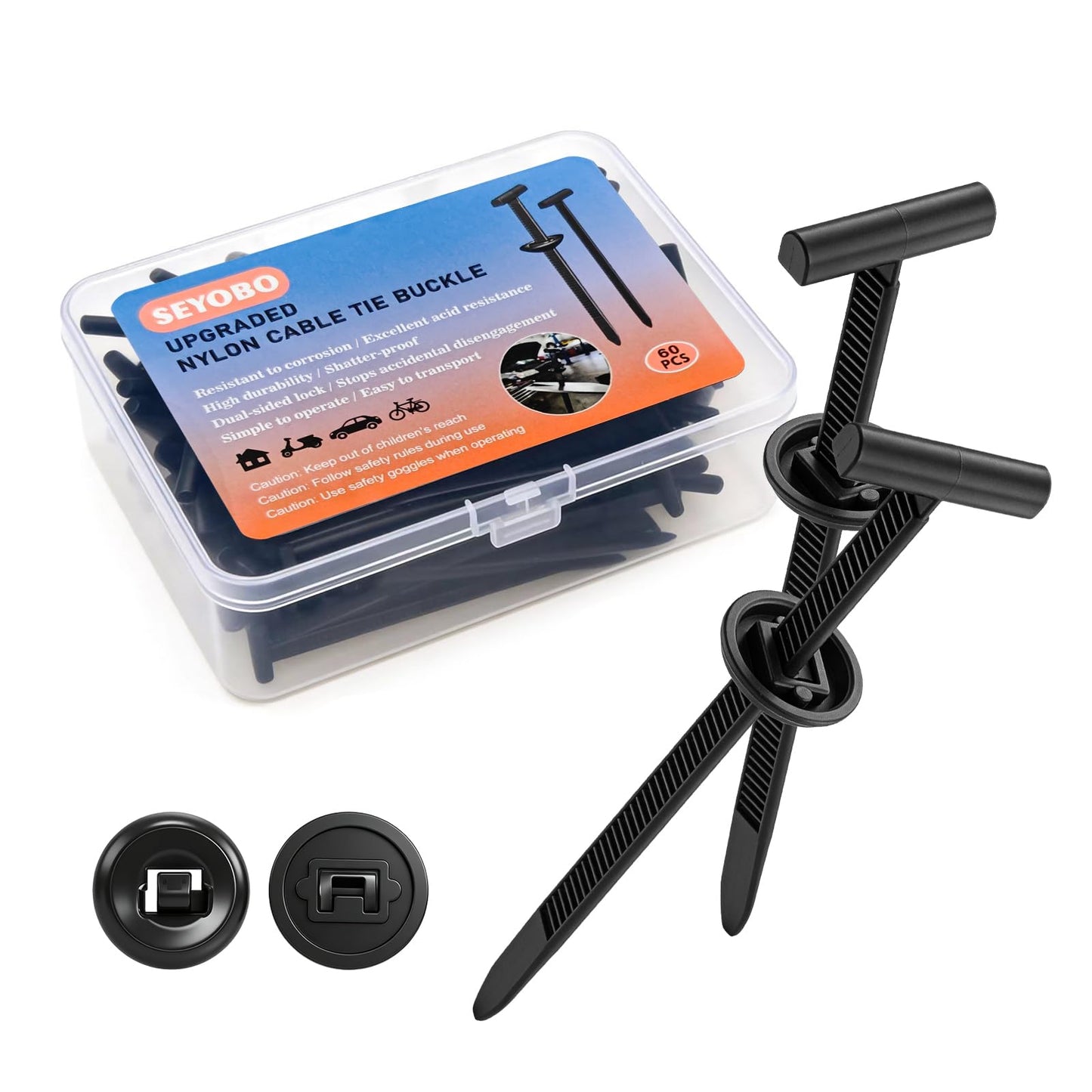 Seyobo 60PCS Dual-Lock Universal Upgraded Nylon Cable Tie Buckle with Storage Box, T Zip Ties for Cars Daily Repair Bumper Clips, Multi-Purposes