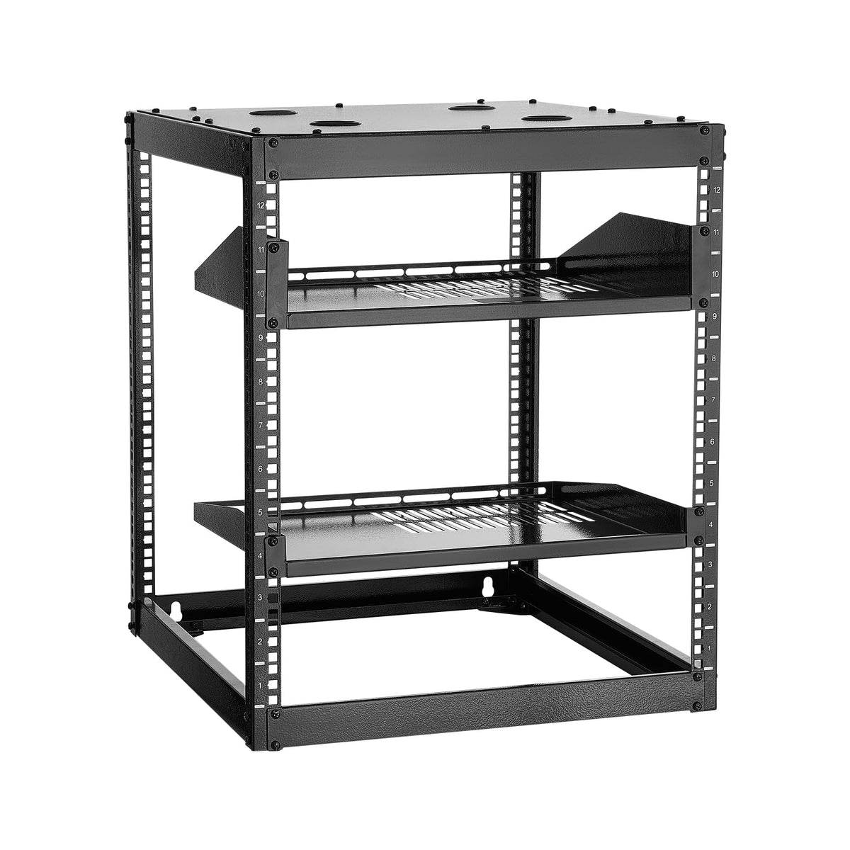 VEVOR 12U Open Frame Network Rack, 23 in Depth, Wall Mounted or Floor Standing Server Rack, Heavy Duty 4 Post, with Vented Shelves & Mounting