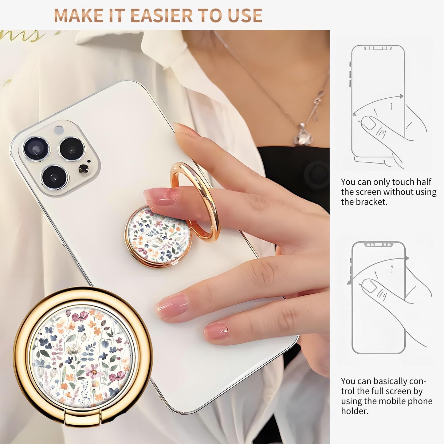 AXBSAKDI Cell Phone Ring Holder, Cute Metal Phone Grip Stand Finger Ring Kickstand, Flexible 360°Rotation Phone Tablet Case Accessories Compatible