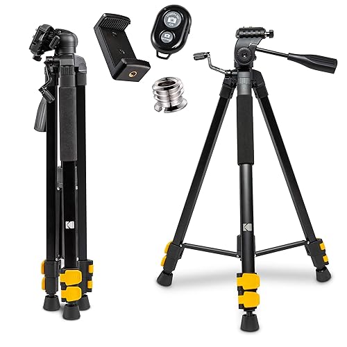Kodak PhotoGear 62" Tripod with Remote | Compact 3-Section Flip-Lock Aluminum Tripod Adjusts 22”-62”, QuickRelease Plate, Smartphone Adapter & 1/4”
