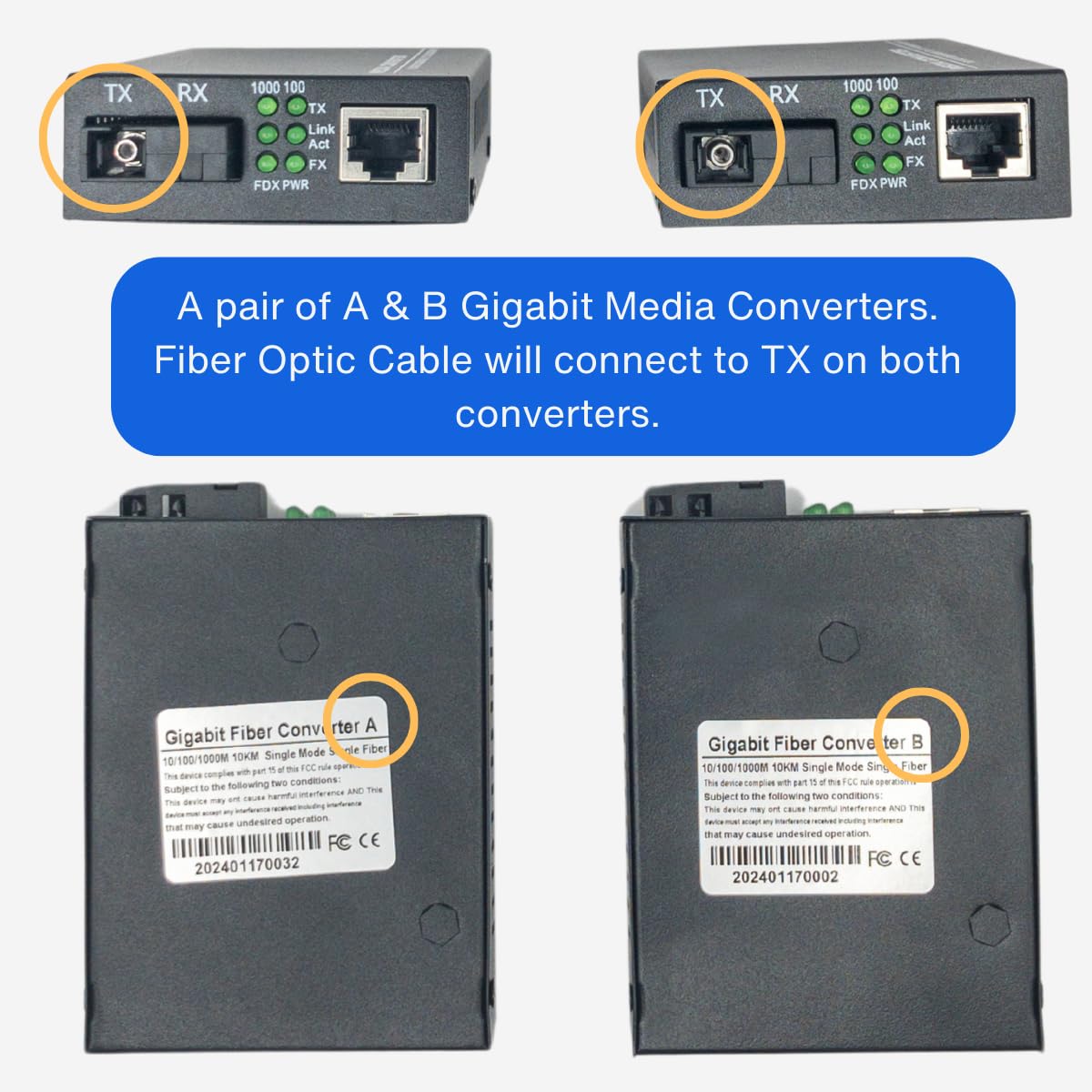 Klarotech Gigabit Media Converter Transceiver (1 Pair) (10/100/1000M) / with SC/PC Module / Single Fiber / 10KM, 100-250VAC