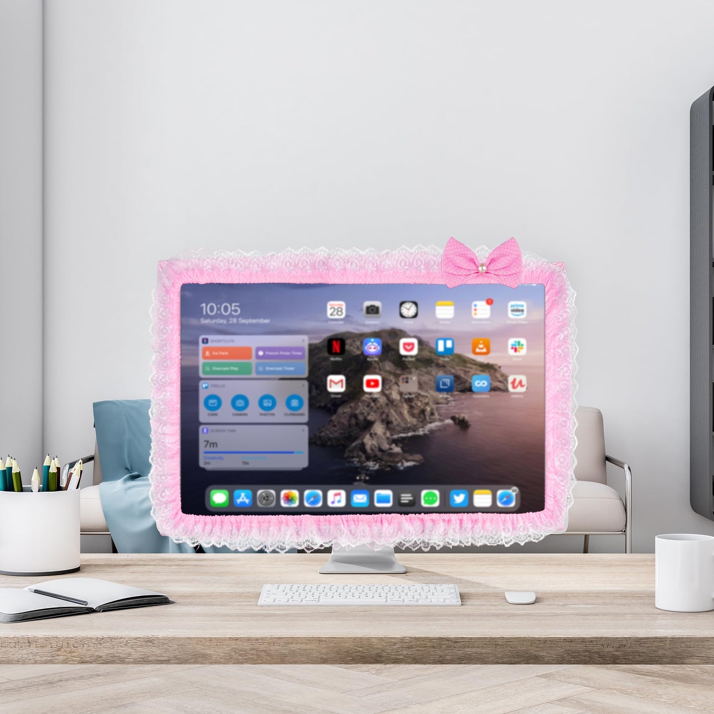 ReignSword 2 Pack Cute Computer Monitor Cover, 23''-26'' Elastic Monitor Dust Cover with Bow Knot, Lovely Monitor Accessories Screen Monitor